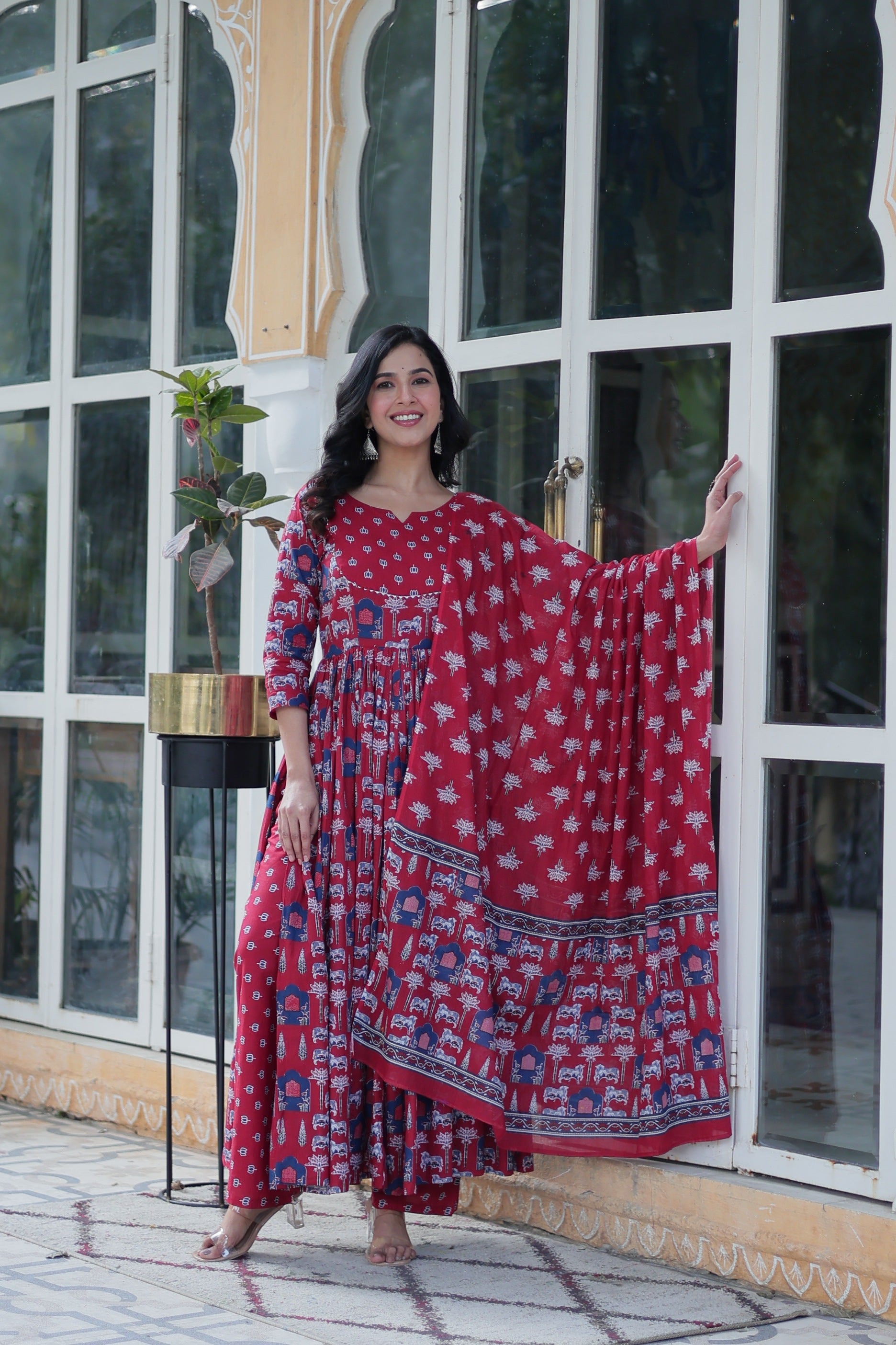 Jyoti Fashion Women's Maroon Cotton Printed Designer Anarkali Set with Dupatta