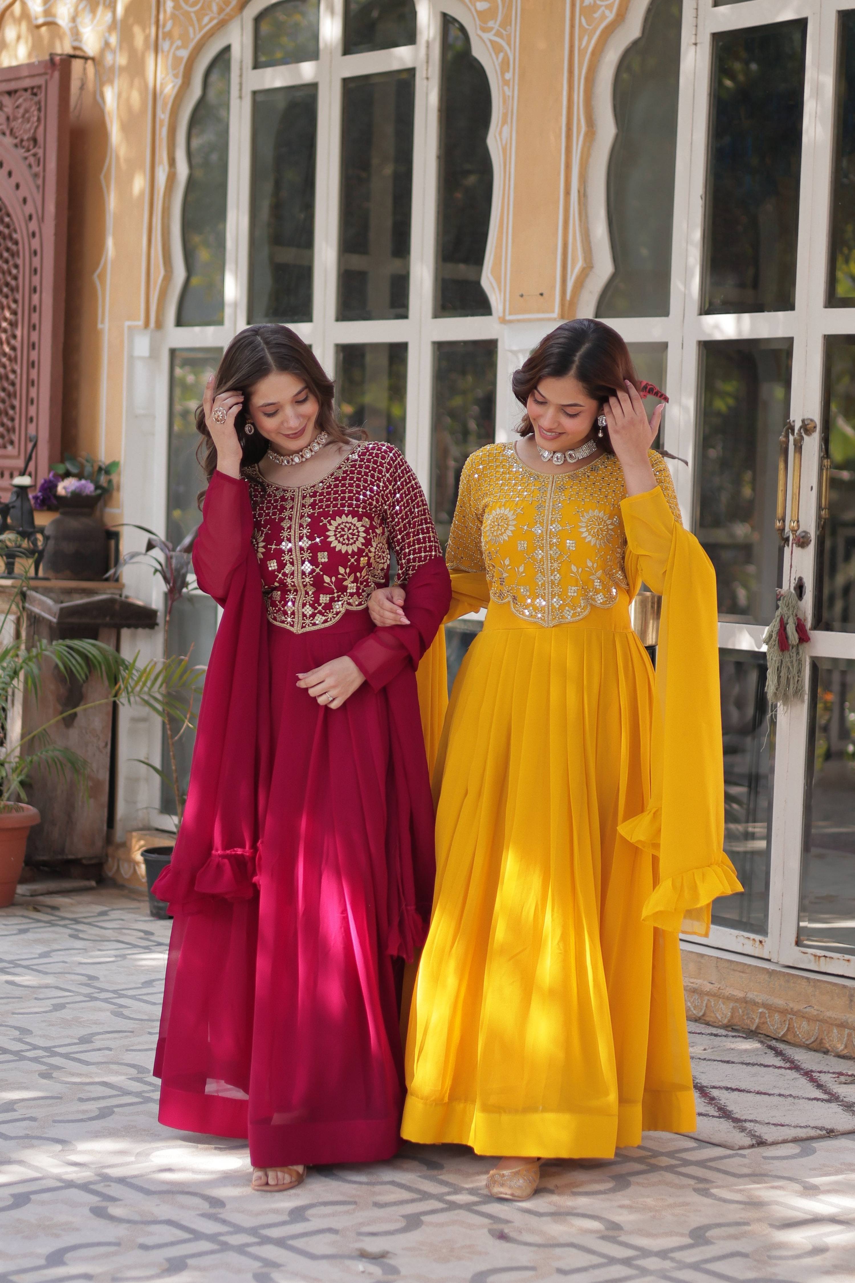 Jyoti Fashion Women's Pink & Yellow Faux Georgette Embroidered Designer Combo Anarkali Set with Dupatta