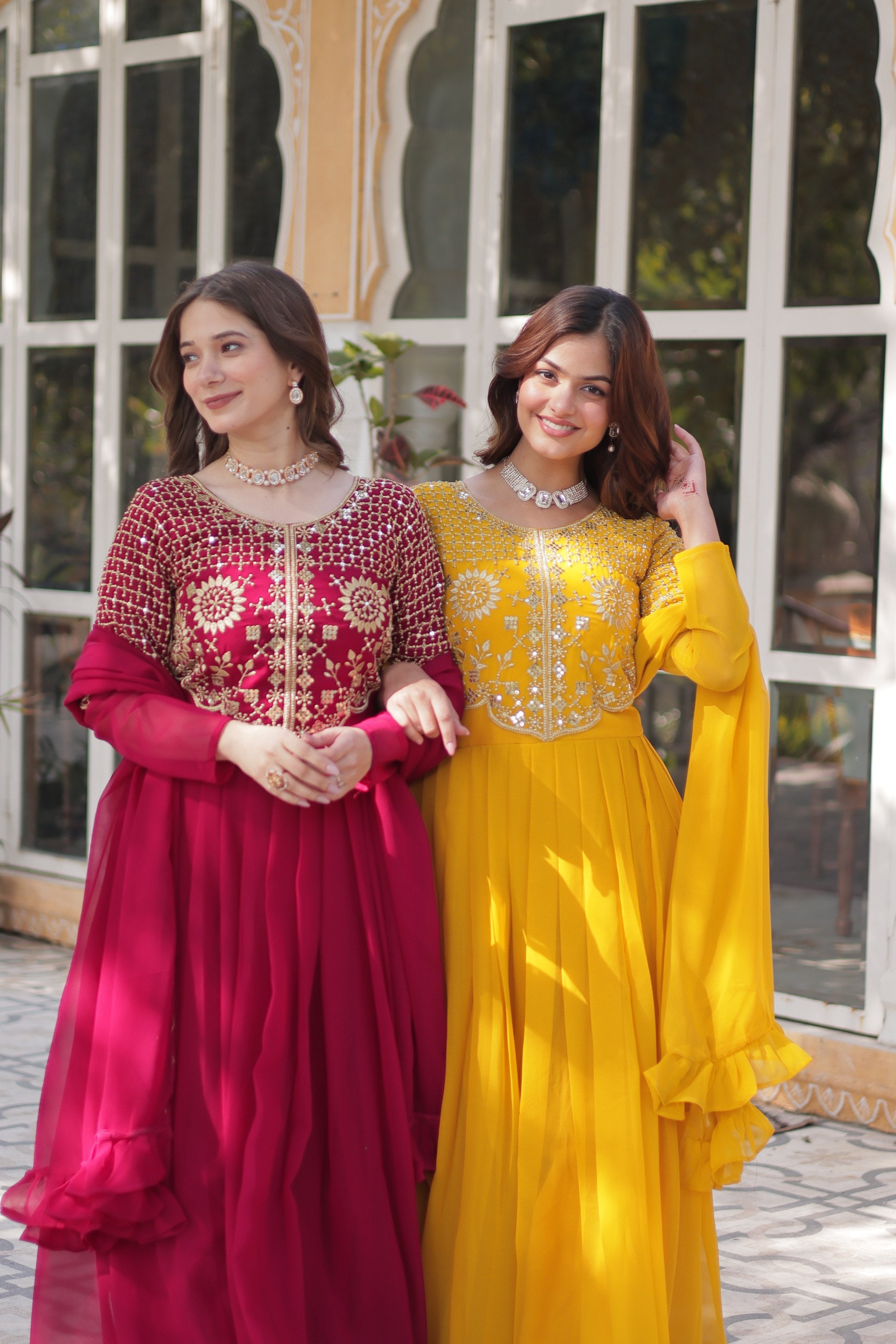 Jyoti Fashion Women's Pink & Yellow Faux Georgette Embroidered Designer Combo Anarkali Set with Dupatta