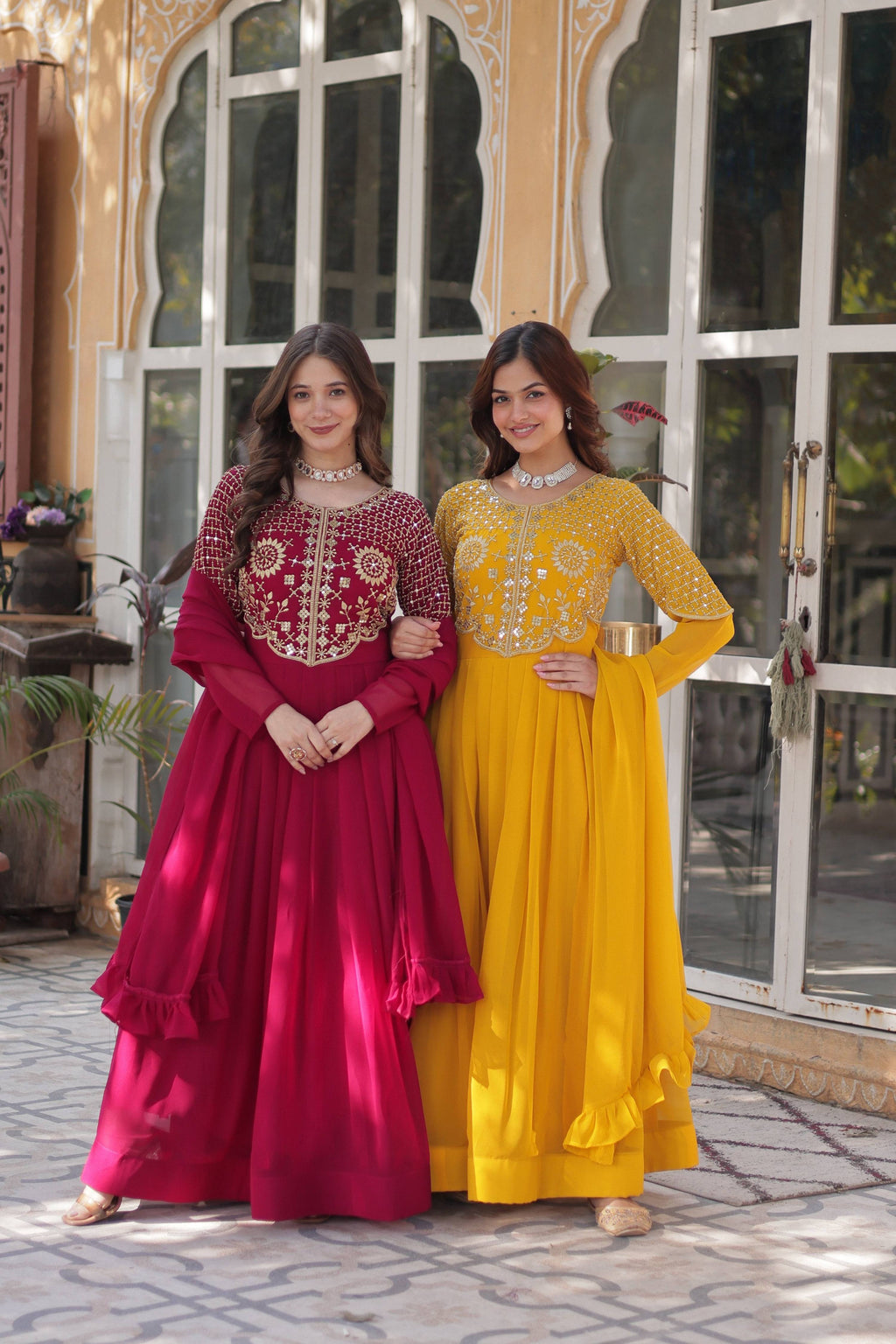 Jyoti Fashion Women's Pink & Yellow Faux Georgette Embroidered Designer Combo Anarkali Set with Dupatta