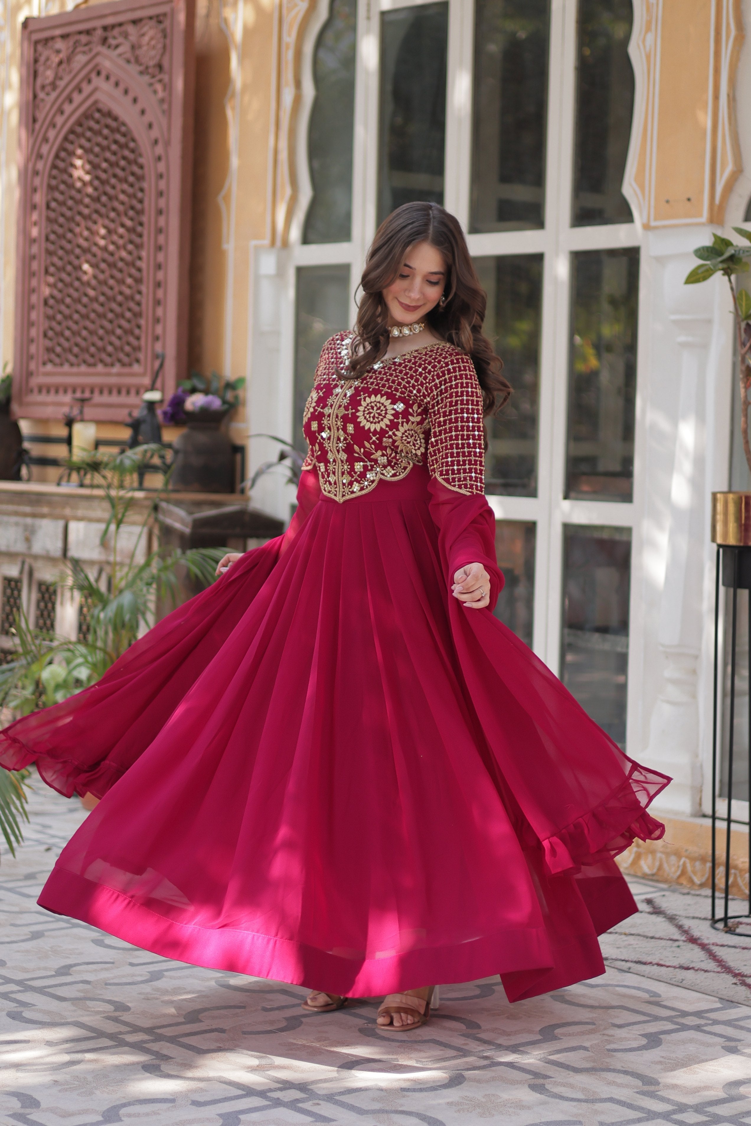 Jyoti Fashion Women's Pink Faux Georgette Embroidered Designer Anarkali Set with Dupatta