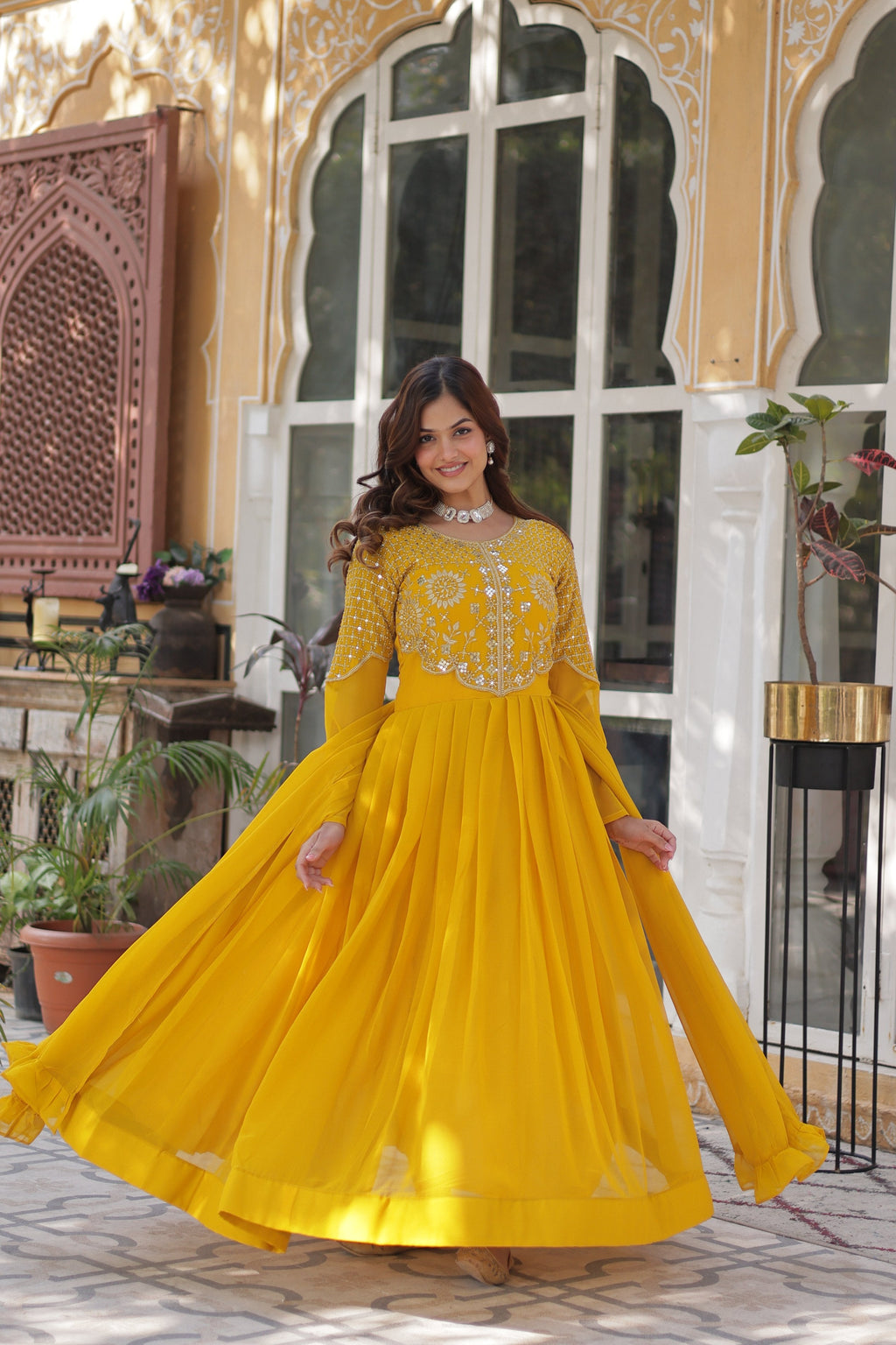 Jyoti Fashion Women's Yellow Faux Georgette Embroidered Designer Anarkali Set with Dupatta