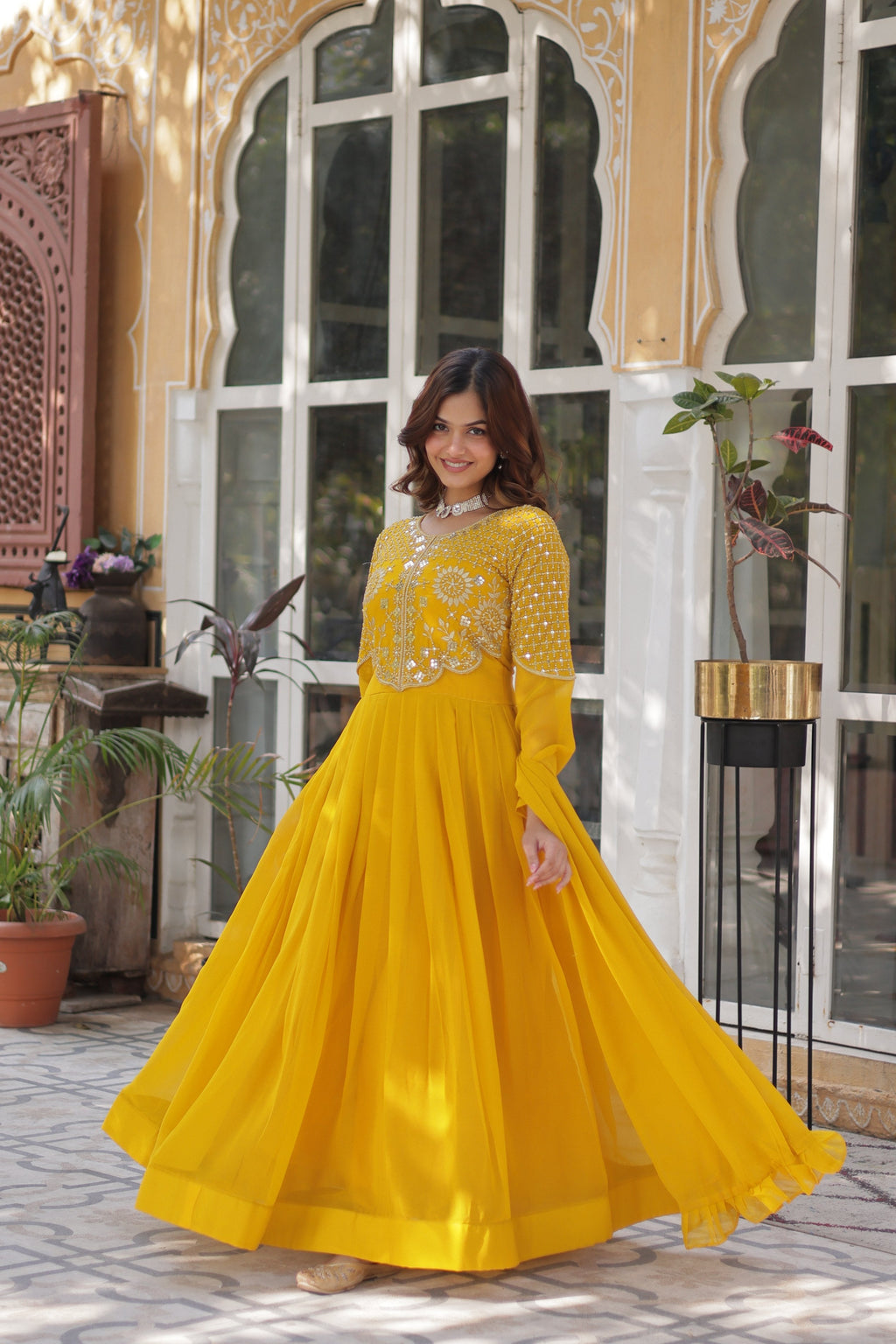 Jyoti Fashion Women's Yellow Faux Georgette Embroidered Designer Anarkali Set with Dupatta
