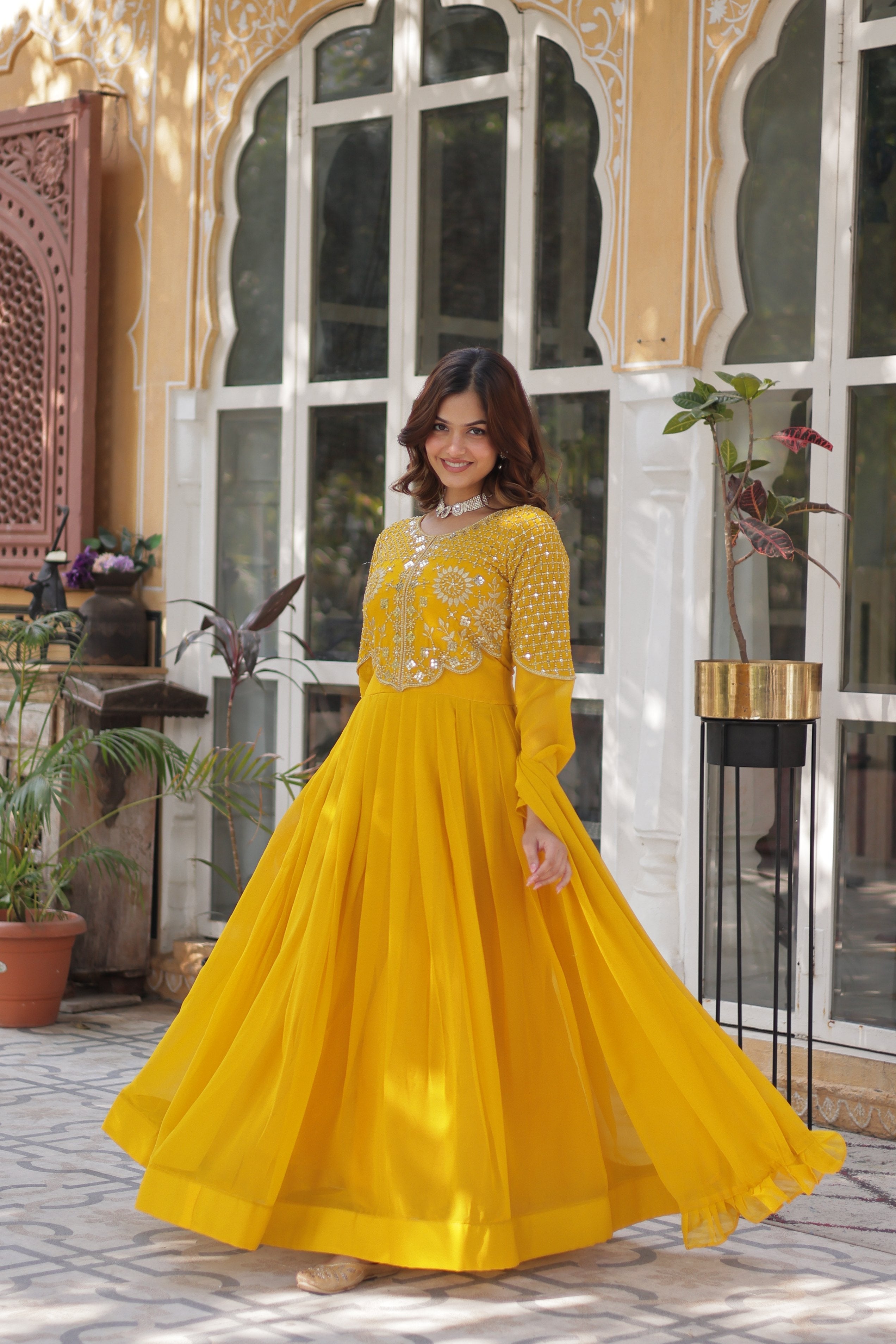 Jyoti Fashion Women's Yellow Faux Georgette Embroidered Designer Anarkali Set with Dupatta