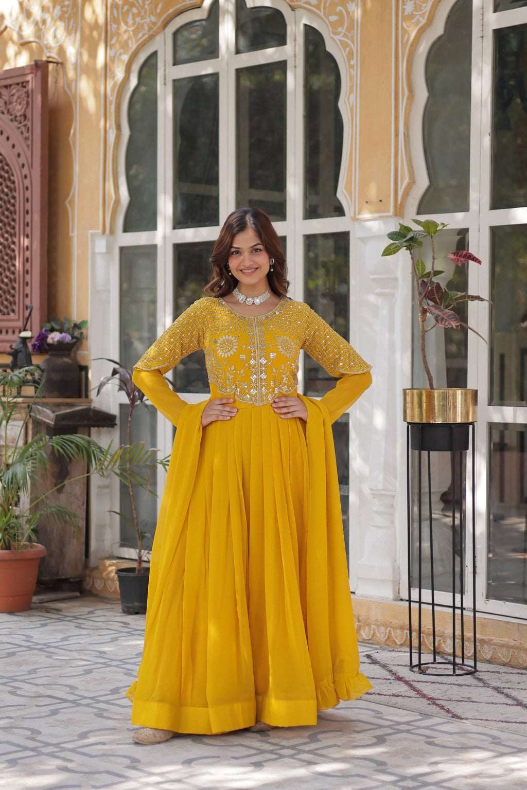 Jyoti Fashion Women's Yellow Faux Georgette Embroidered Designer Anarkali Set with Dupatta