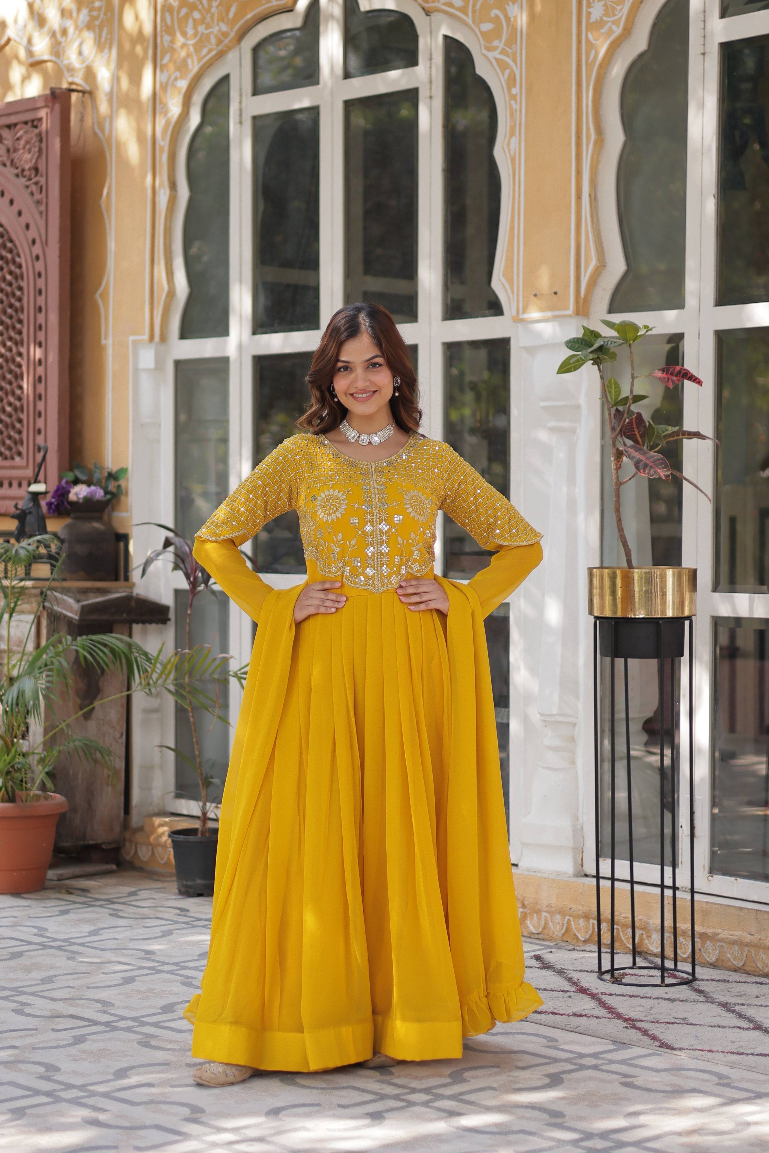 Jyoti Fashion Women's Yellow Faux Georgette Embroidered Designer Anarkali Set with Dupatta