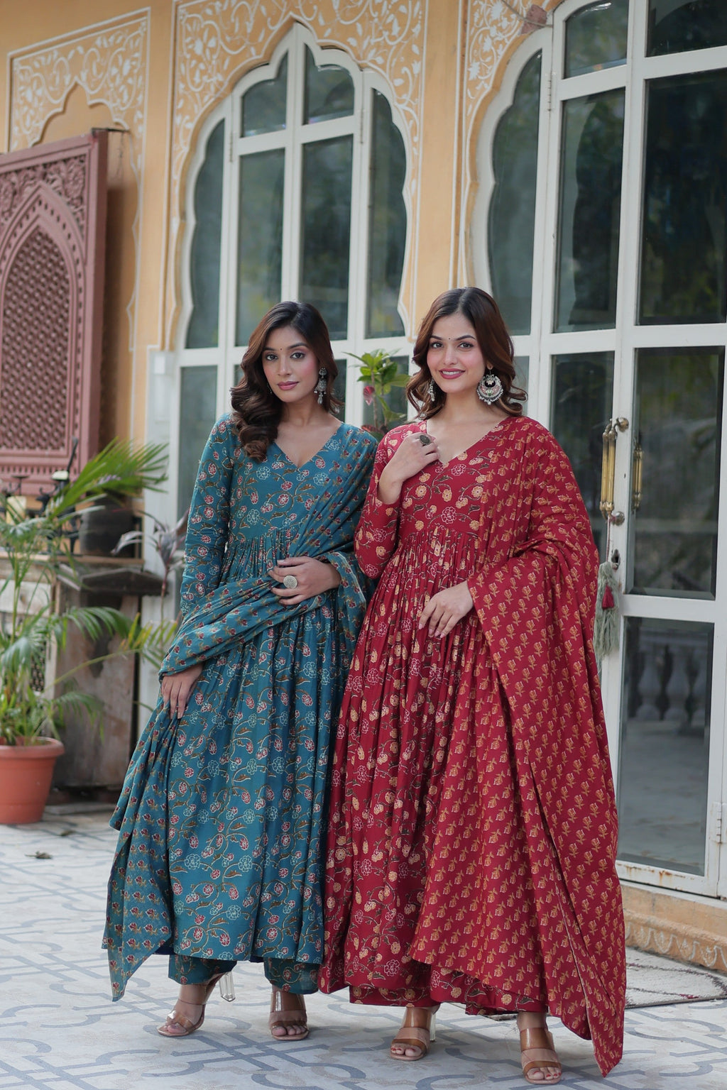 Jyoti Fashion Women's Rama & Maroon Cotton Printed Designer Combo Anarkali Set with Dupatta