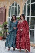 Jyoti Fashion Women's Rama & Maroon Cotton Printed Designer Combo Anarkali Set with Dupatta