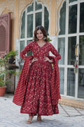 Jyoti Fashion Women's Maroon Cotton Printed Designer Anarkali Set with Dupatta