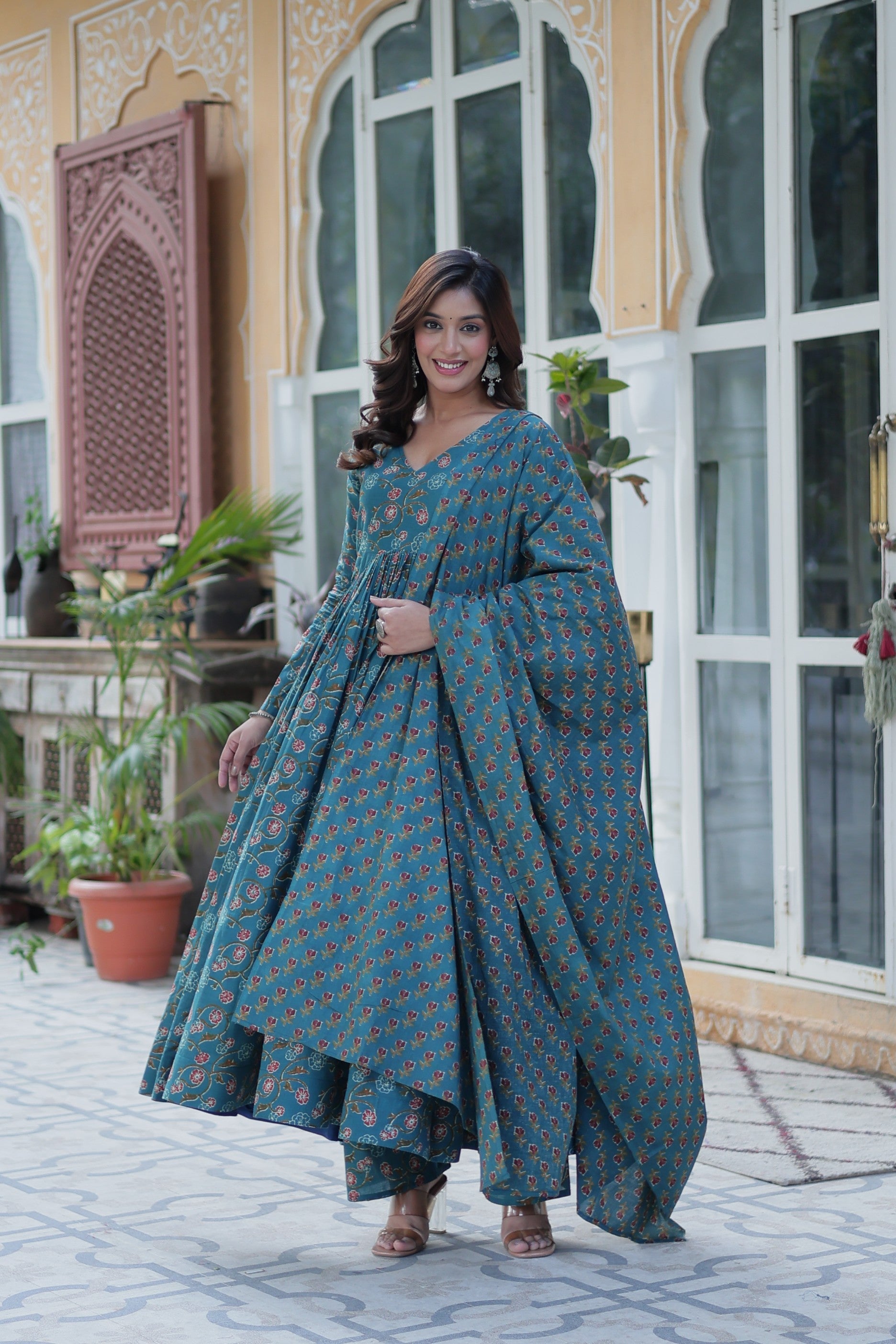Jyoti Fashion Women's Rama Cotton Printed Designer Anarkali Set with Dupatta