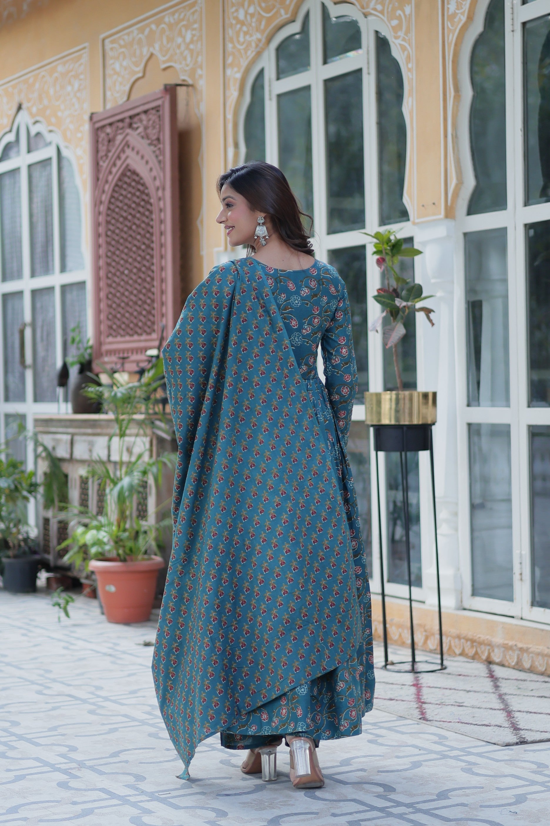Jyoti Fashion Women's Rama Cotton Printed Designer Anarkali Set with Dupatta