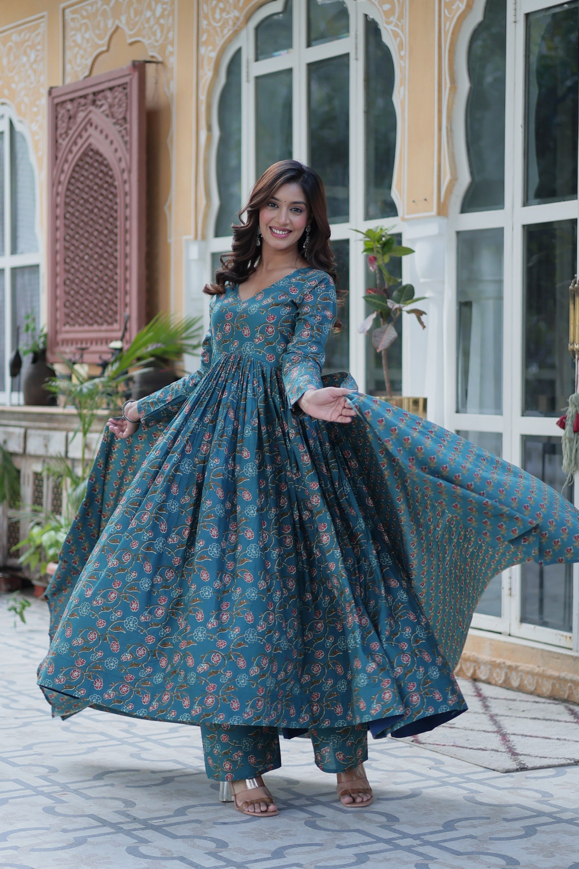 Jyoti Fashion Women's Rama Cotton Printed Designer Anarkali Set with Dupatta