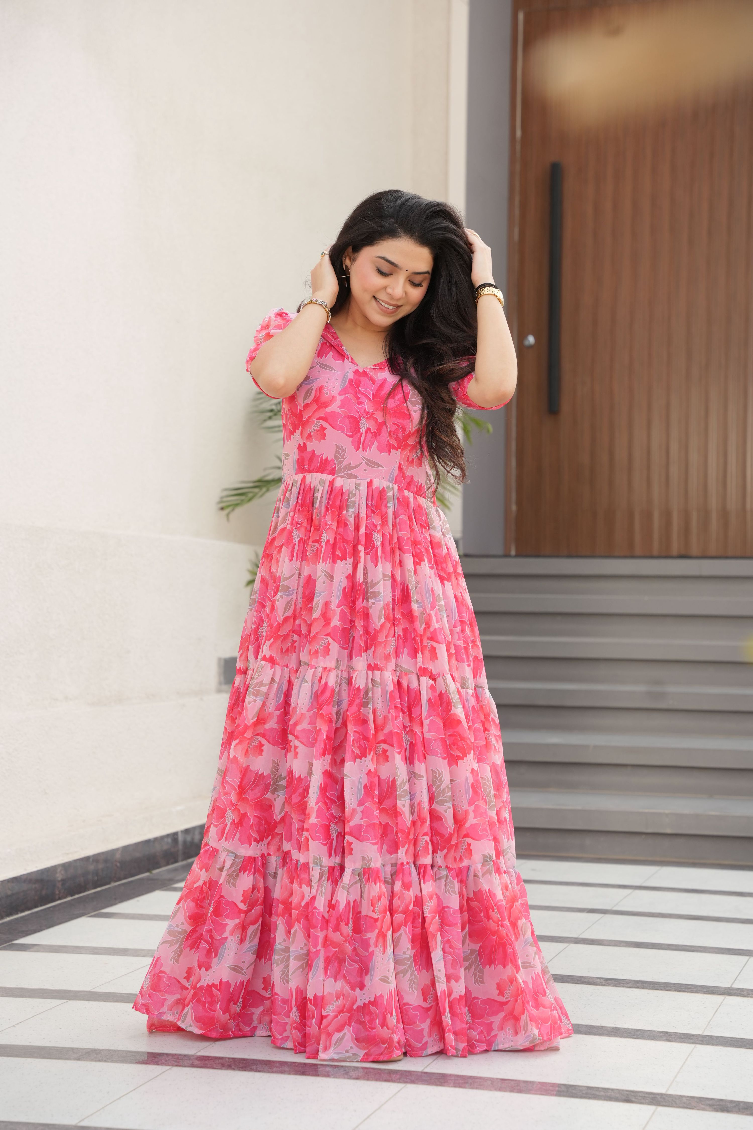 Jyoti Fashion Women's Pink Faux Georgette Floral Printed Designer Long Anarkali