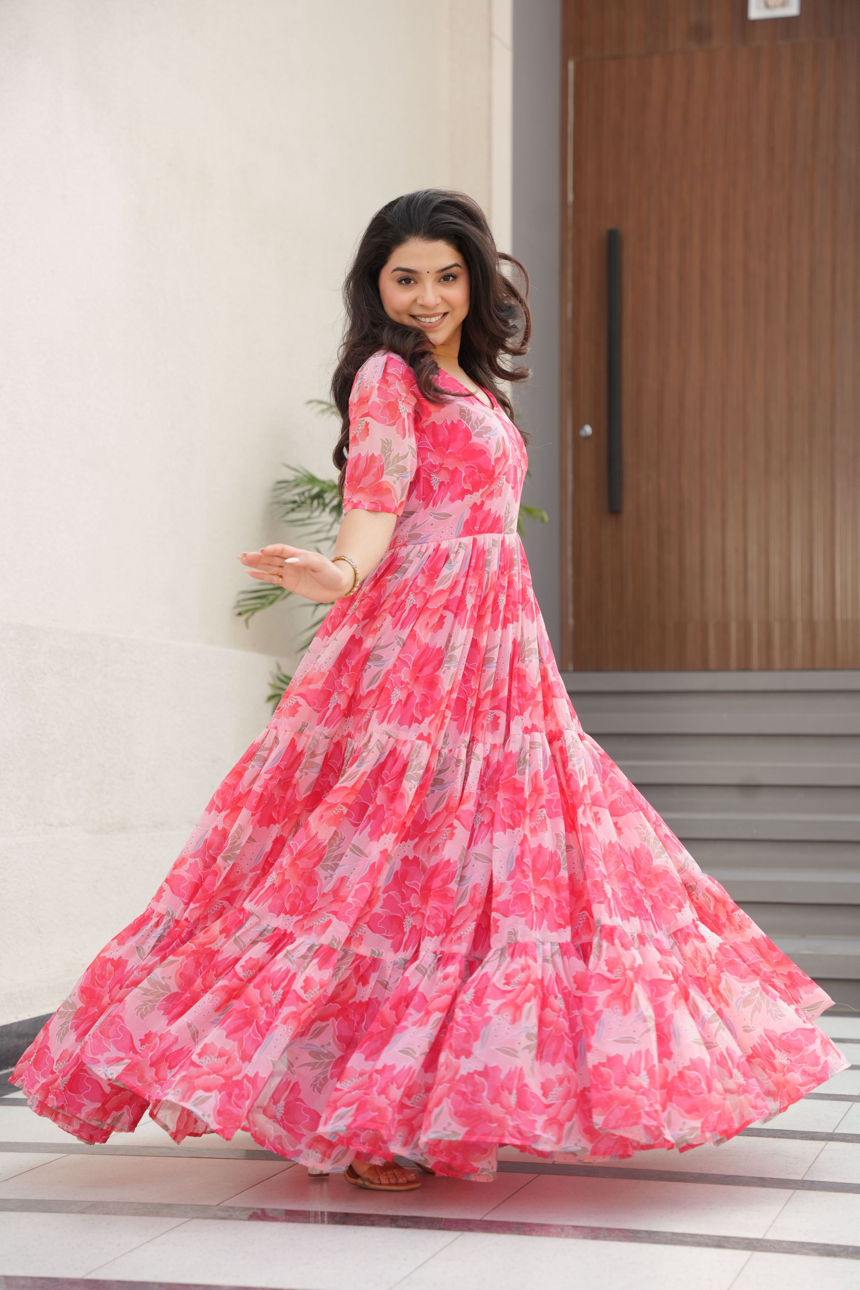 Jyoti Fashion Women's Pink Faux Georgette Floral Printed Designer Long Anarkali