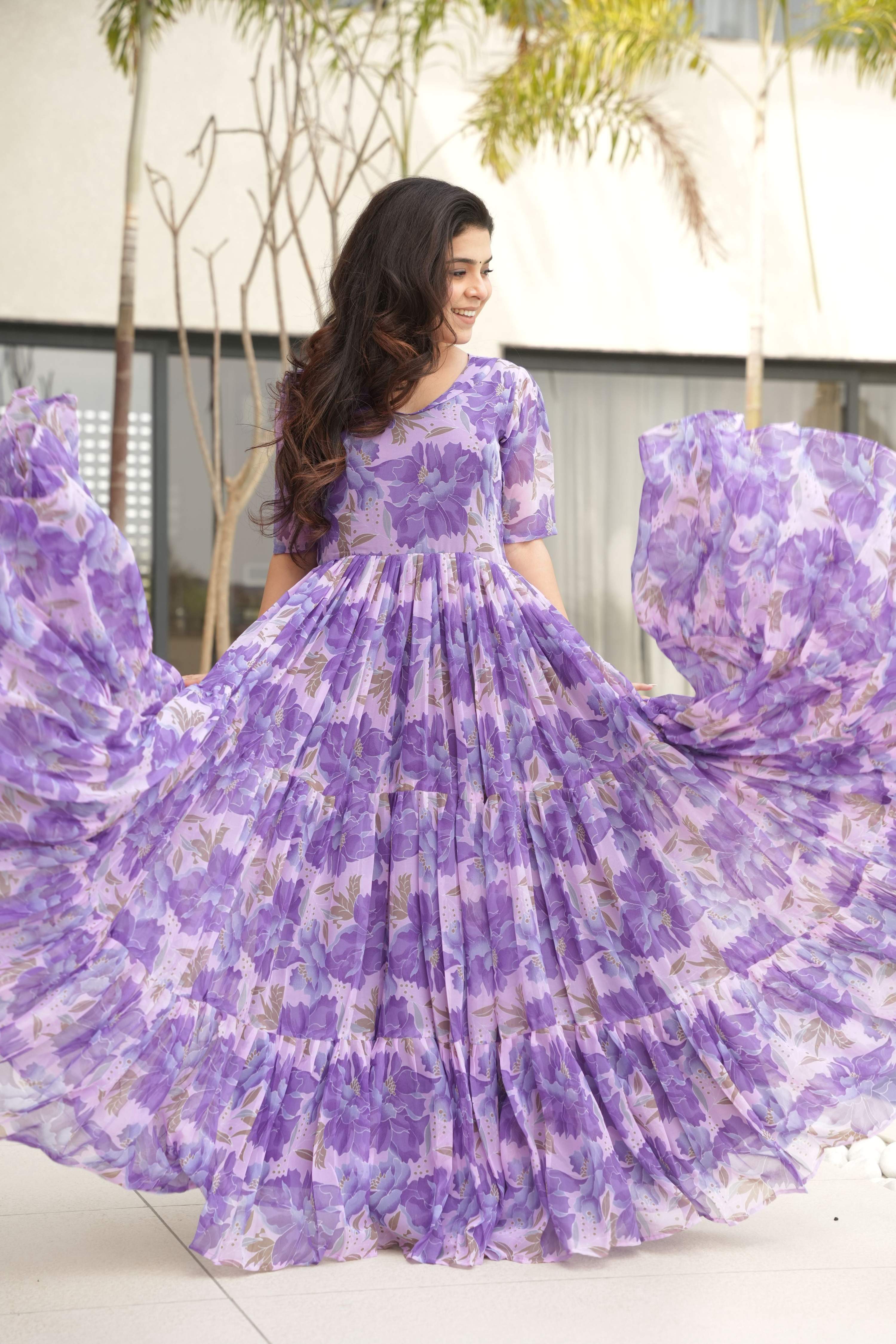 Jyoti Fashion Women's Purple Faux Georgette Floral Printed Designer Long Anarkali