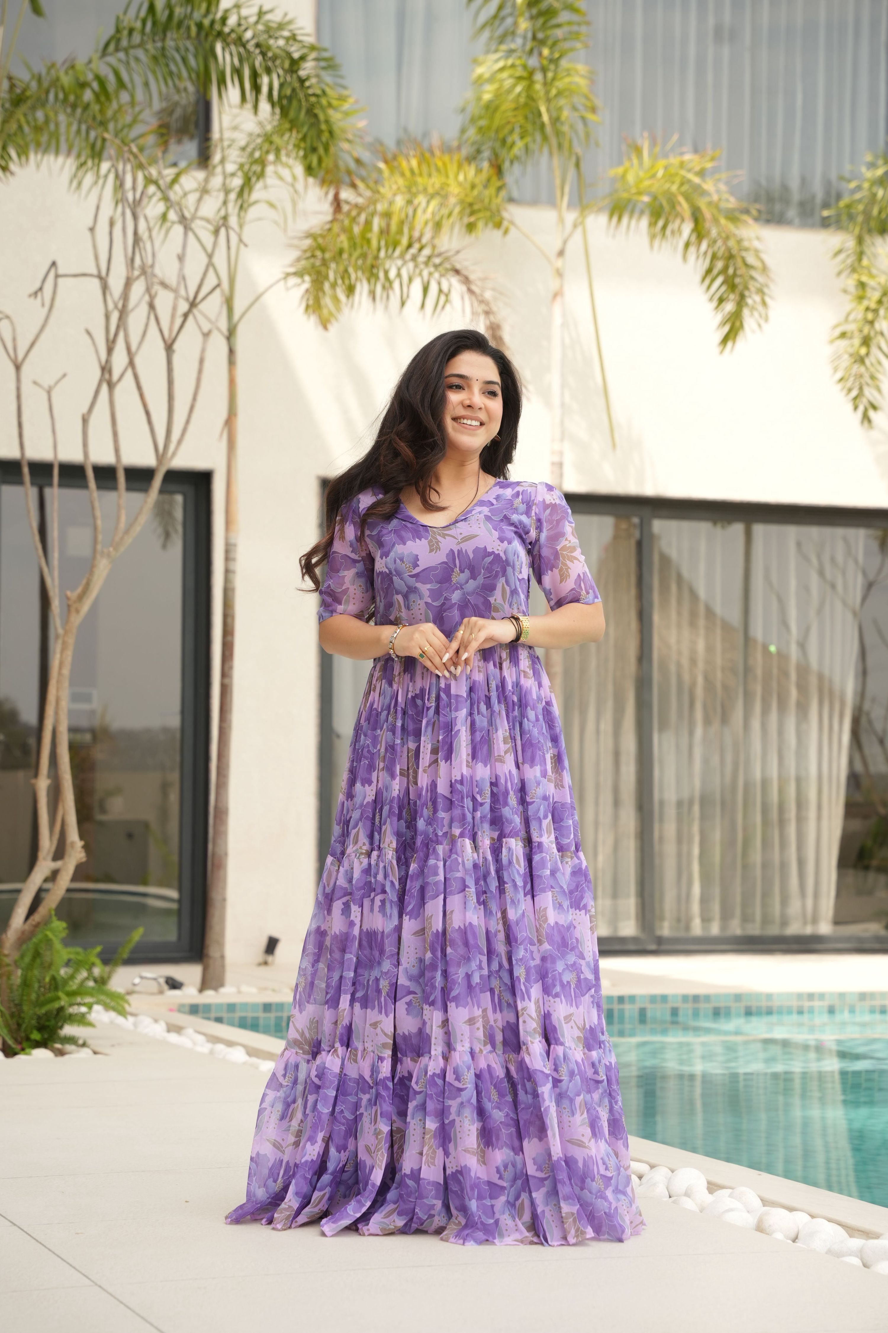 Jyoti Fashion Women's Purple Faux Georgette Floral Printed Designer Long Anarkali