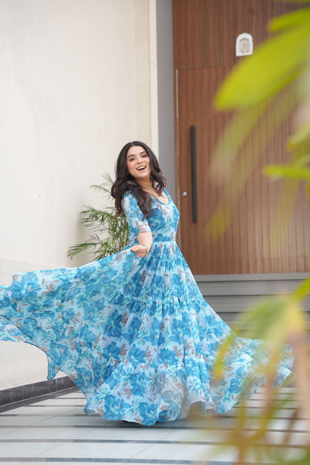 Jyoti Fashion Women's Sky Blue Faux Georgette Floral Printed Designer Long Anarkali