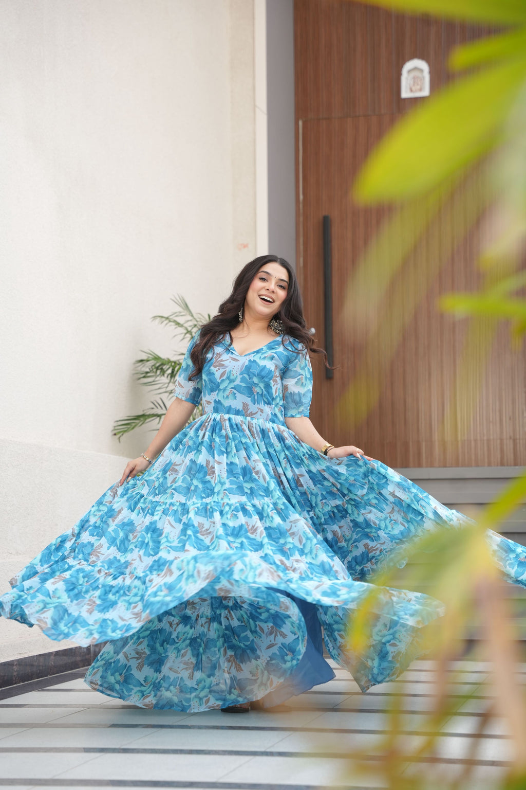 Jyoti Fashion Women's Sky Blue Faux Georgette Floral Printed Designer Long Anarkali