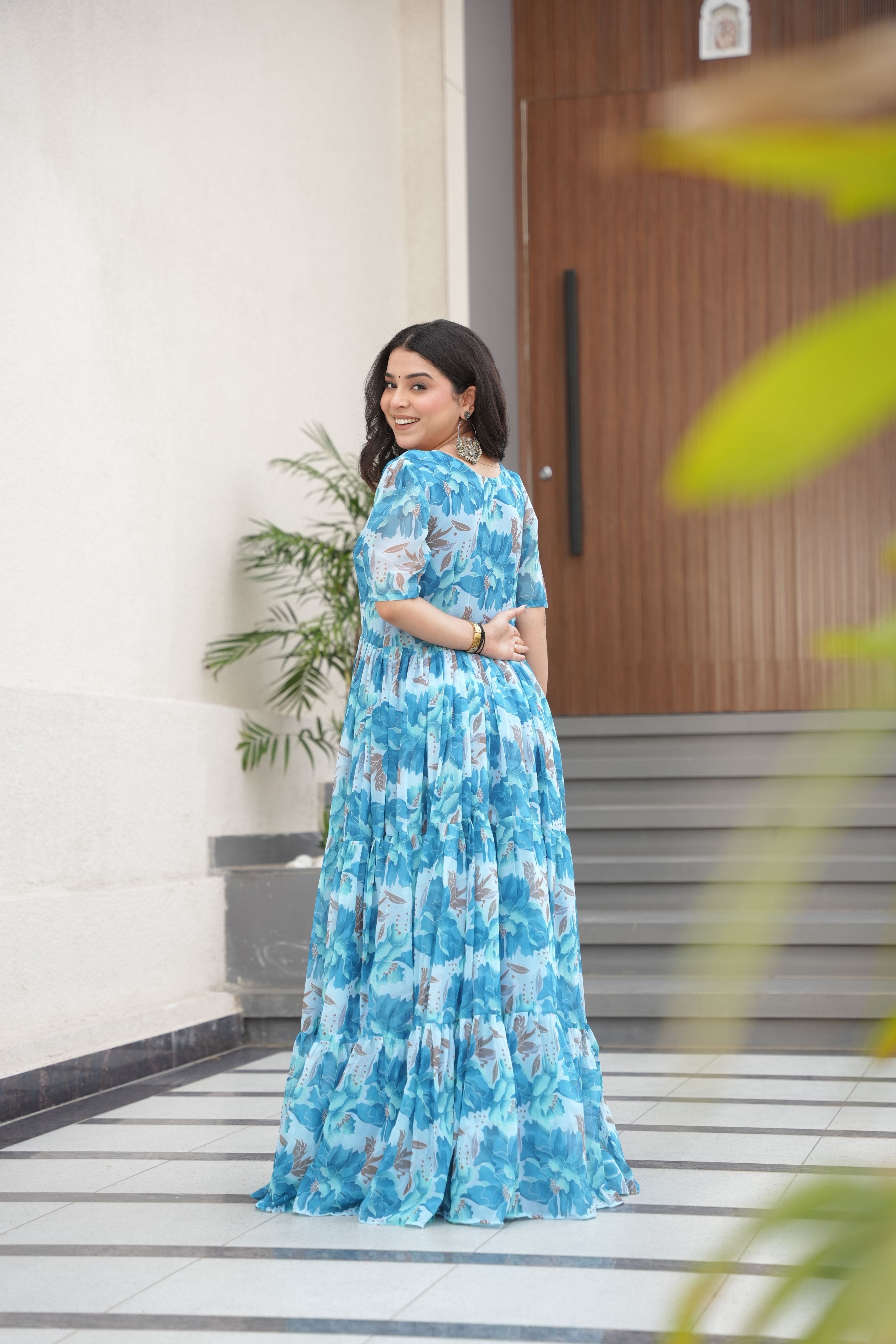 Jyoti Fashion Women's Sky Blue Faux Georgette Floral Printed Designer Long Anarkali