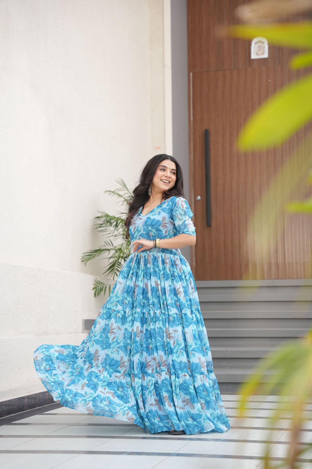 Jyoti Fashion Women's Sky Blue Faux Georgette Floral Printed Designer Long Anarkali