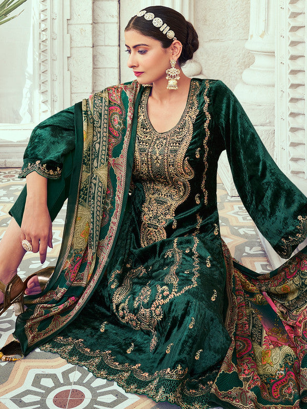 Jyoti Fashion Women's Green Velvet Cording with Digital Printed Kurta with Trouser & Dupatta