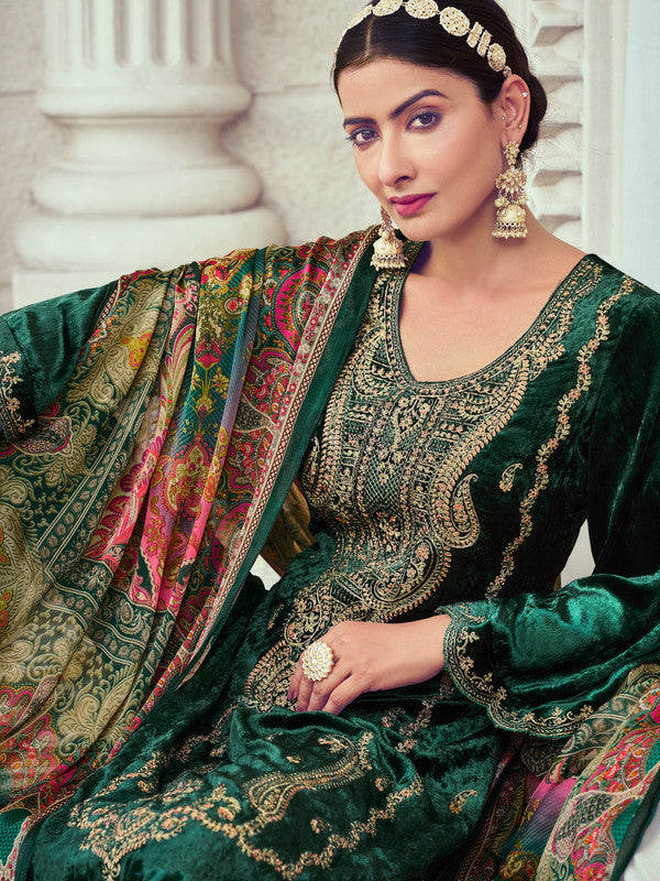 Jyoti Fashion Women's Green Velvet Cording with Digital Printed Kurta with Trouser & Dupatta