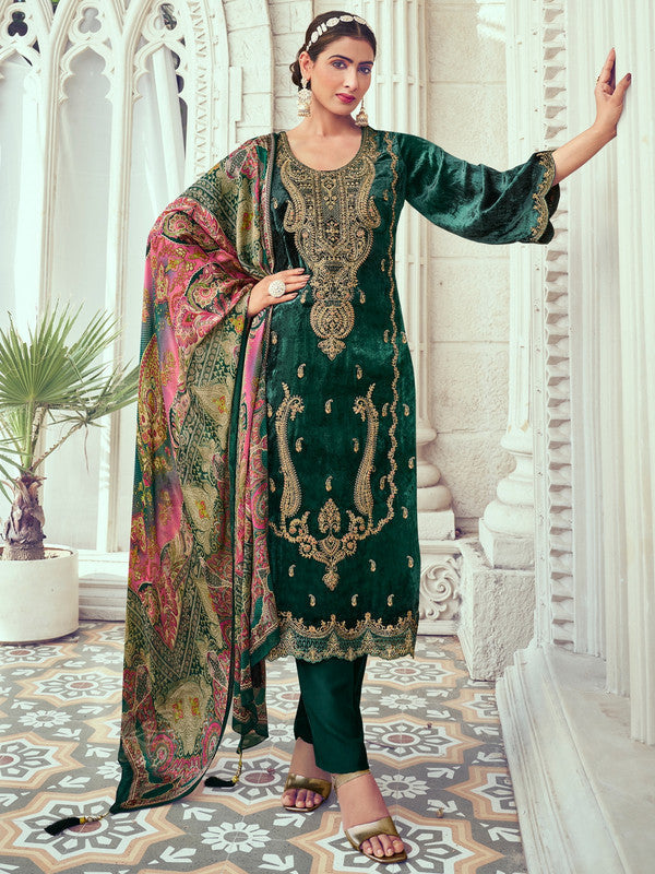 Jyoti Fashion Women's Green Velvet Cording with Digital Printed Kurta with Trouser & Dupatta