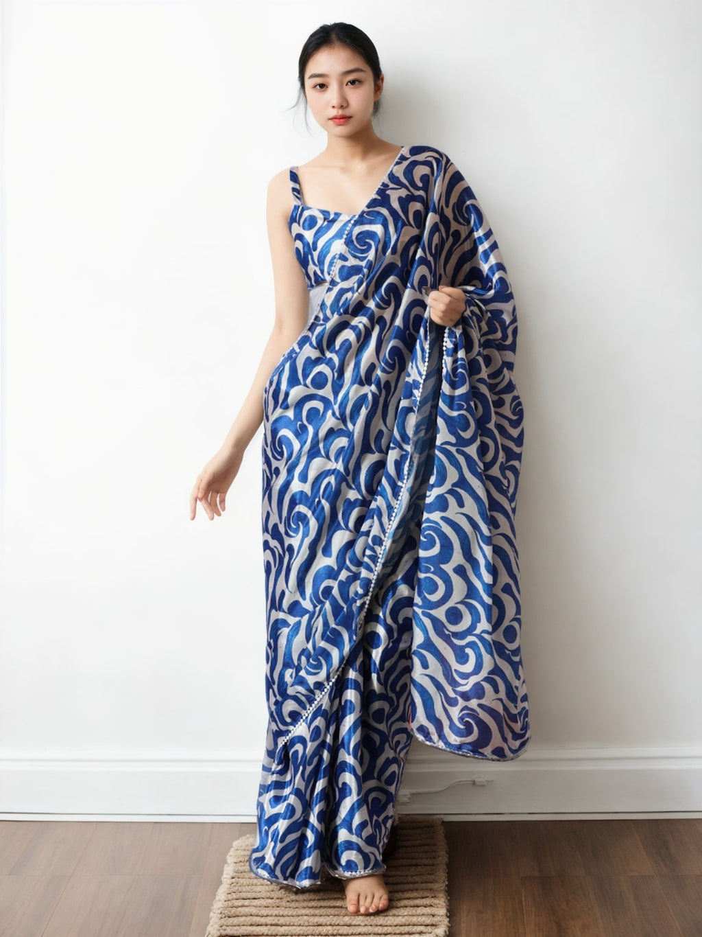 Jyoti Fashion Women's Blue Chinon Digital Printed Ready To Wear Saree with Blouse