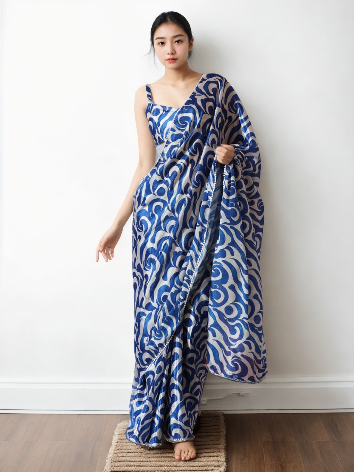 Jyoti Fashion Women's Blue Chinon Digital Printed Ready To Wear Saree with Blouse