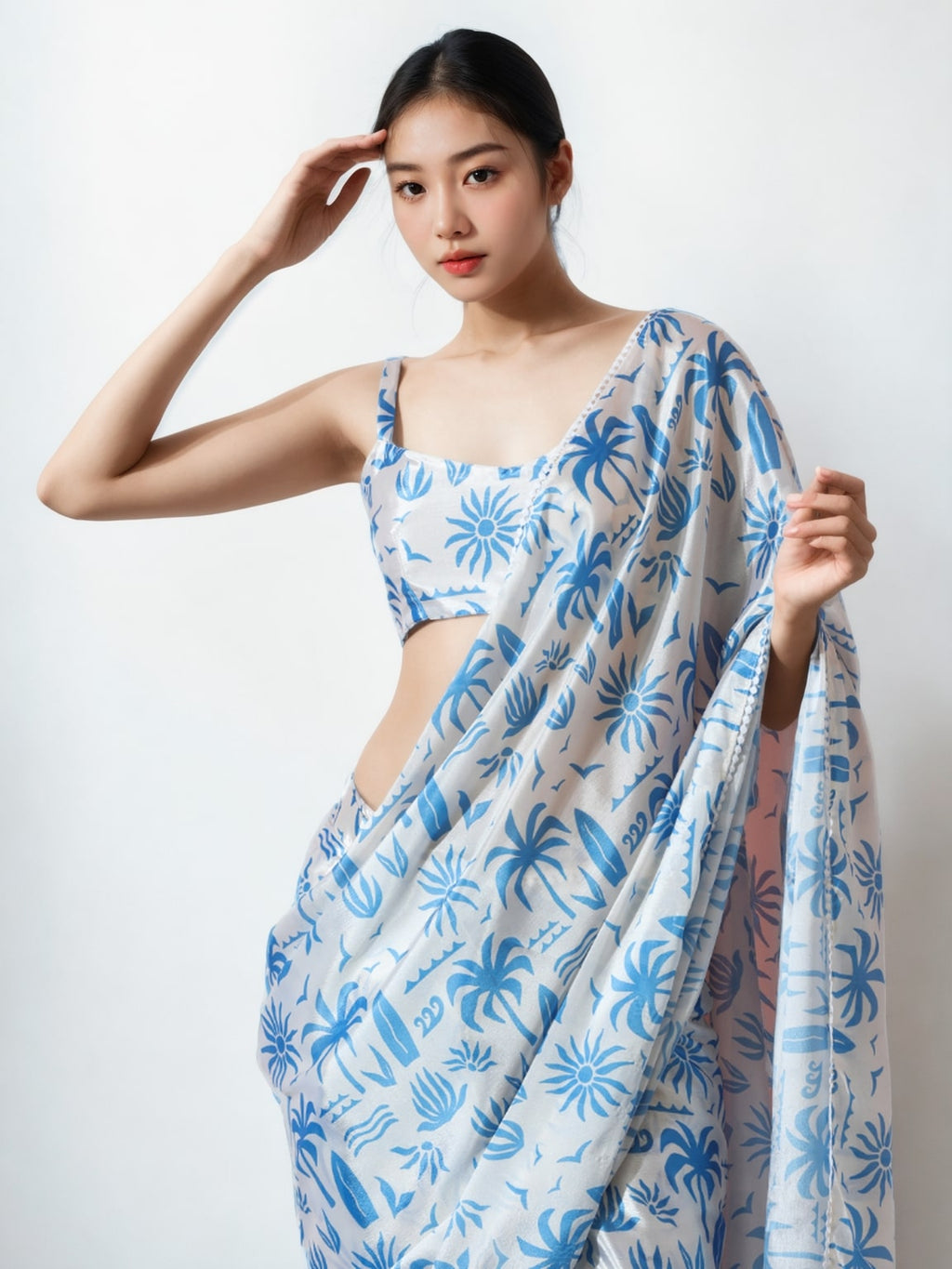 Jyoti Fashion Women's Sky Blue Chinon Digital Printed Ready To Wear Saree with Blouse
