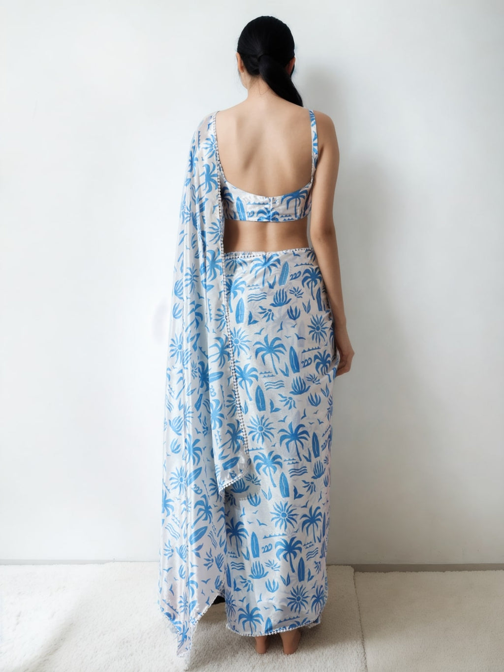 Jyoti Fashion Women's Sky Blue Chinon Digital Printed Ready To Wear Saree with Blouse