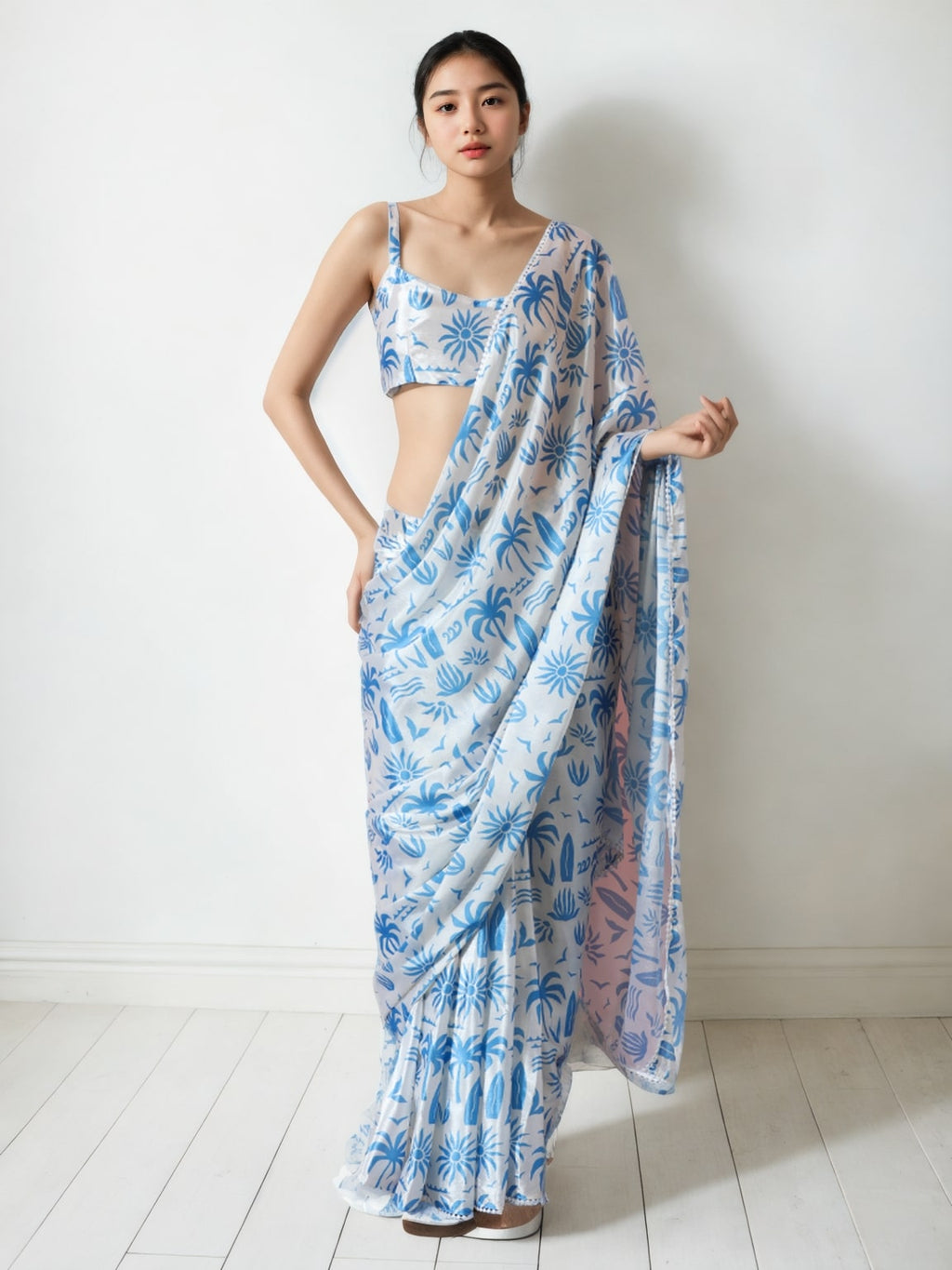 Jyoti Fashion Women's Sky Blue Chinon Digital Printed Ready To Wear Saree with Blouse