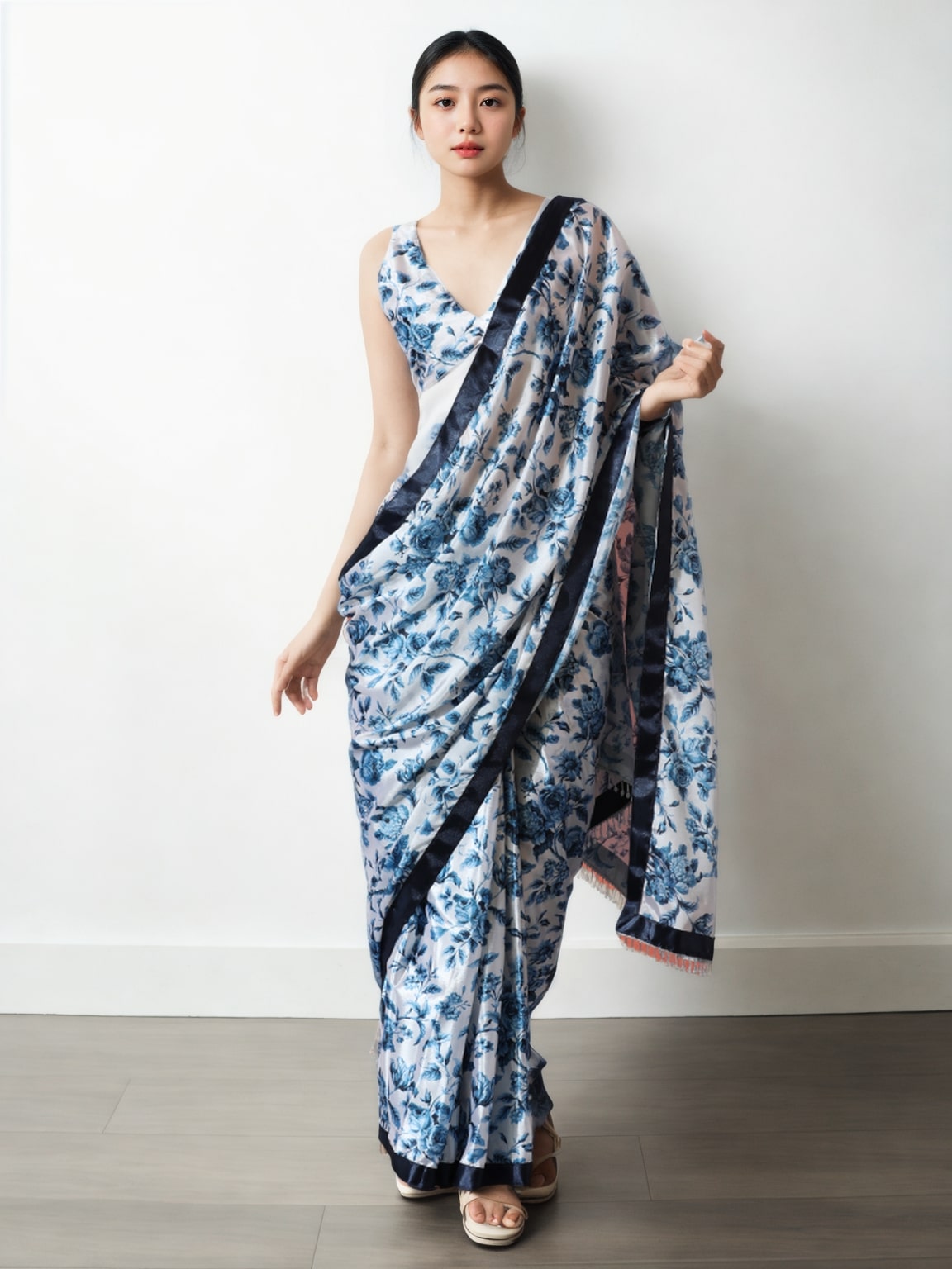 Jyoti Fashion Women's Navy Blue Chinon Digital Printed Ready To Wear Saree with Blouse