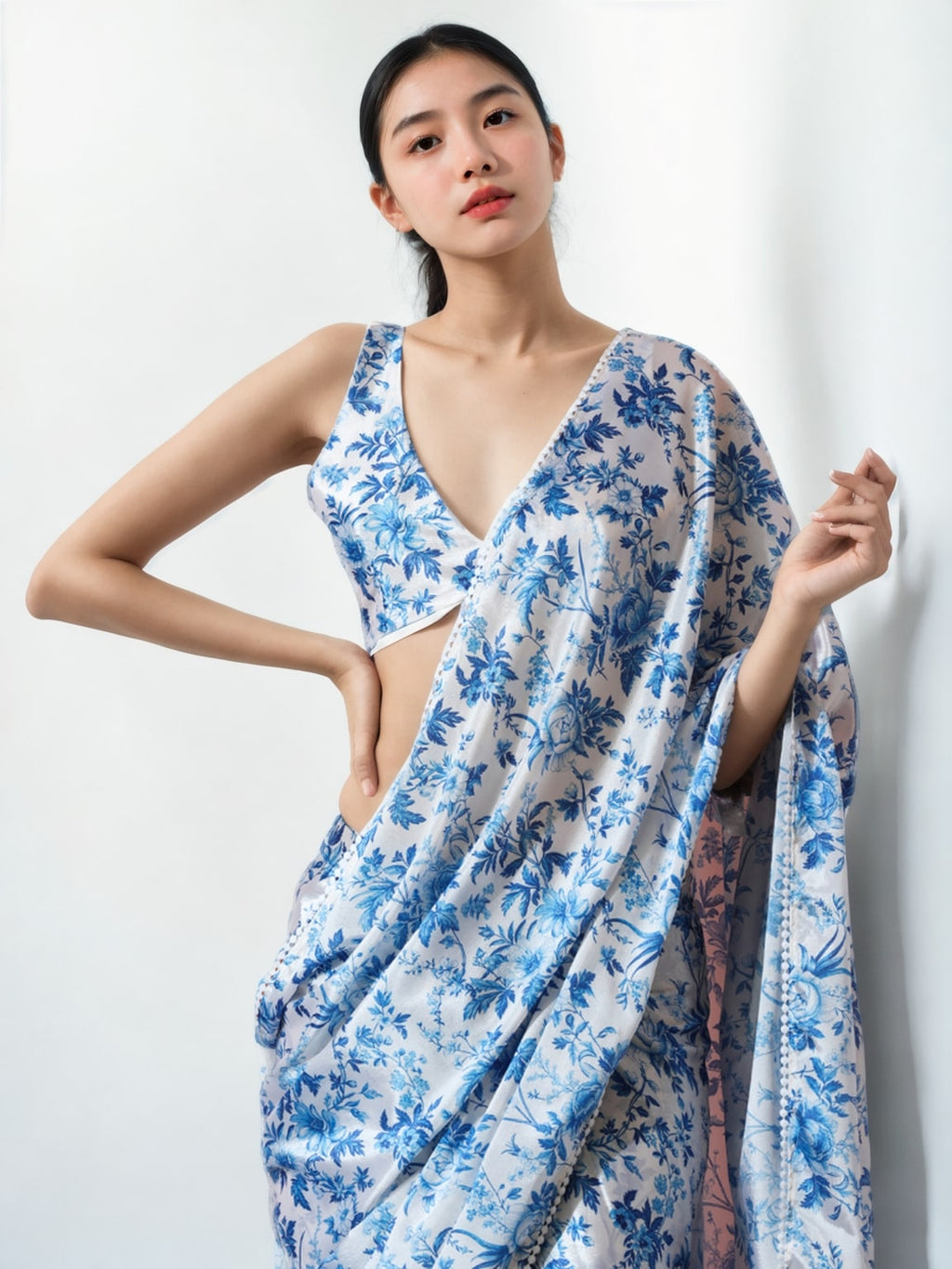 Jyoti Fashion Women's Blue Chinon Digital Printed Ready To Wear Saree with Blouse