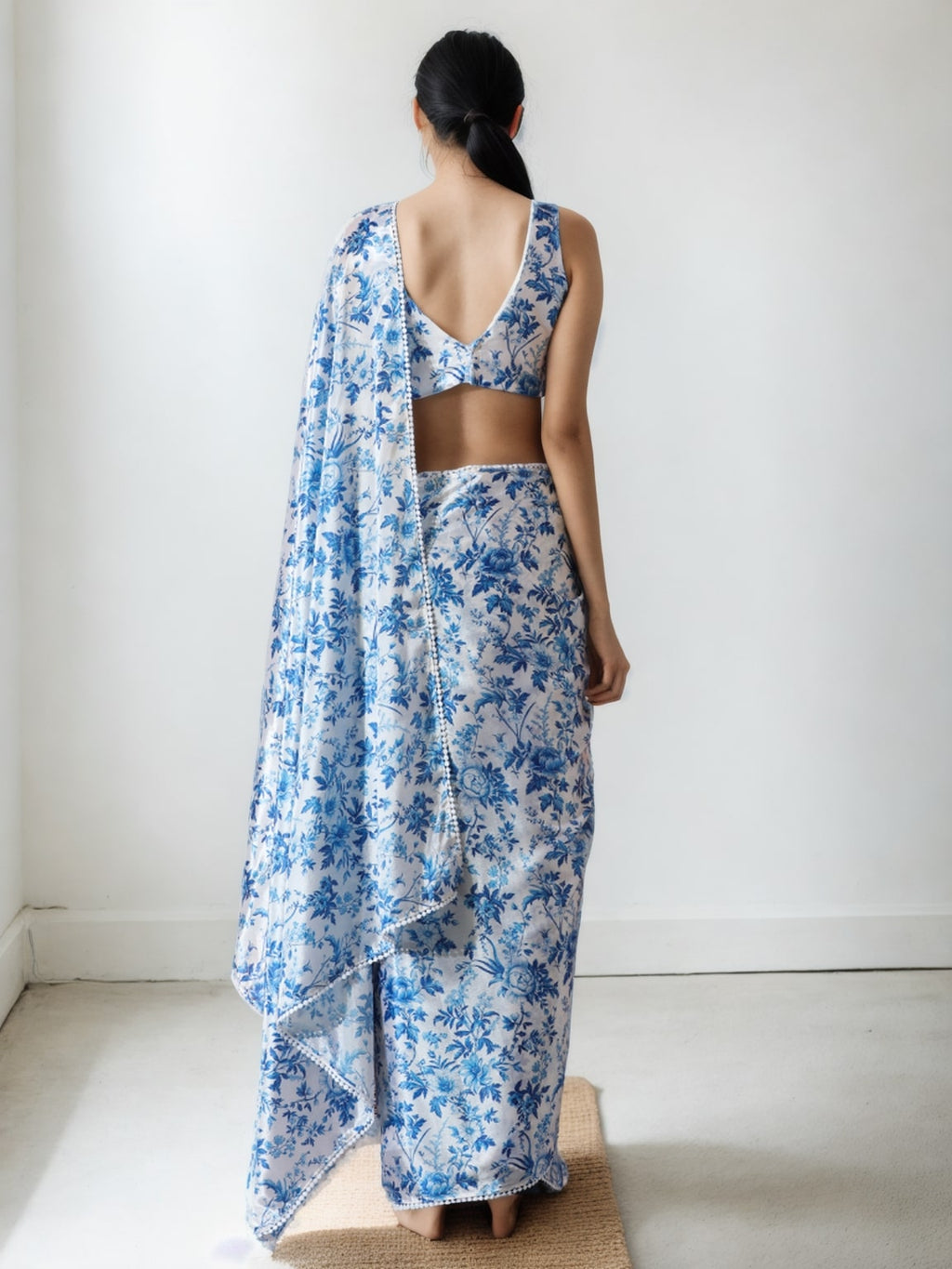 Jyoti Fashion Women's Blue Chinon Digital Printed Ready To Wear Saree with Blouse
