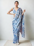 Jyoti Fashion Women's Blue Chinon Digital Printed Ready To Wear Saree with Blouse