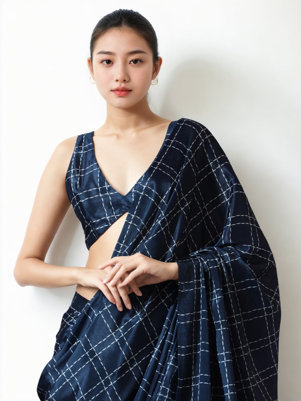 Jyoti Fashion Women's Navy Blue Chinon Digital Printed Ready To Wear Saree with Blouse