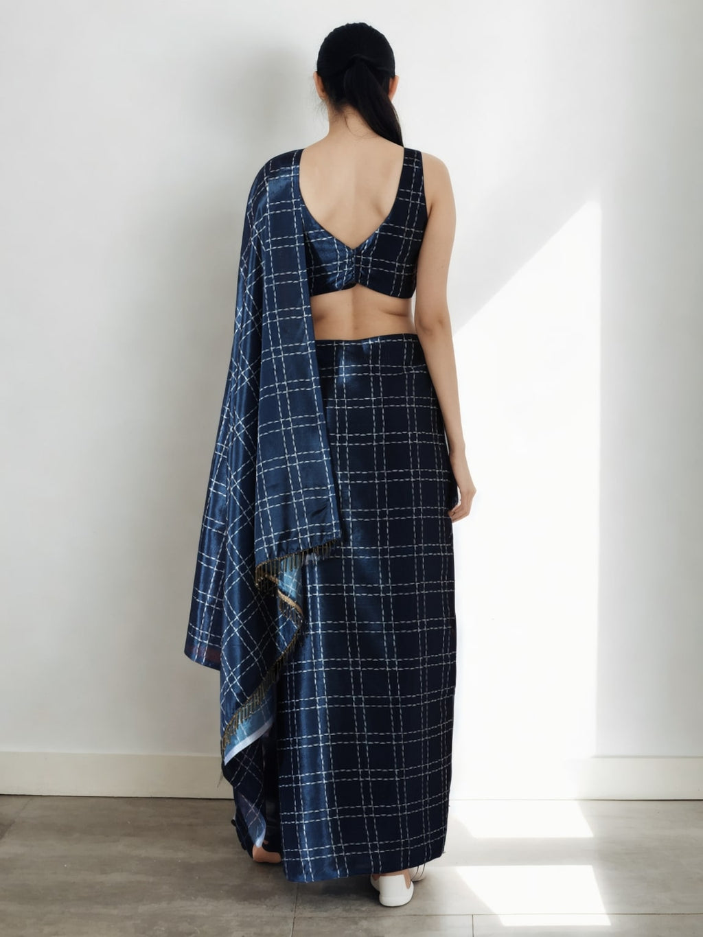 Jyoti Fashion Women's Navy Blue Chinon Digital Printed Ready To Wear Saree with Blouse