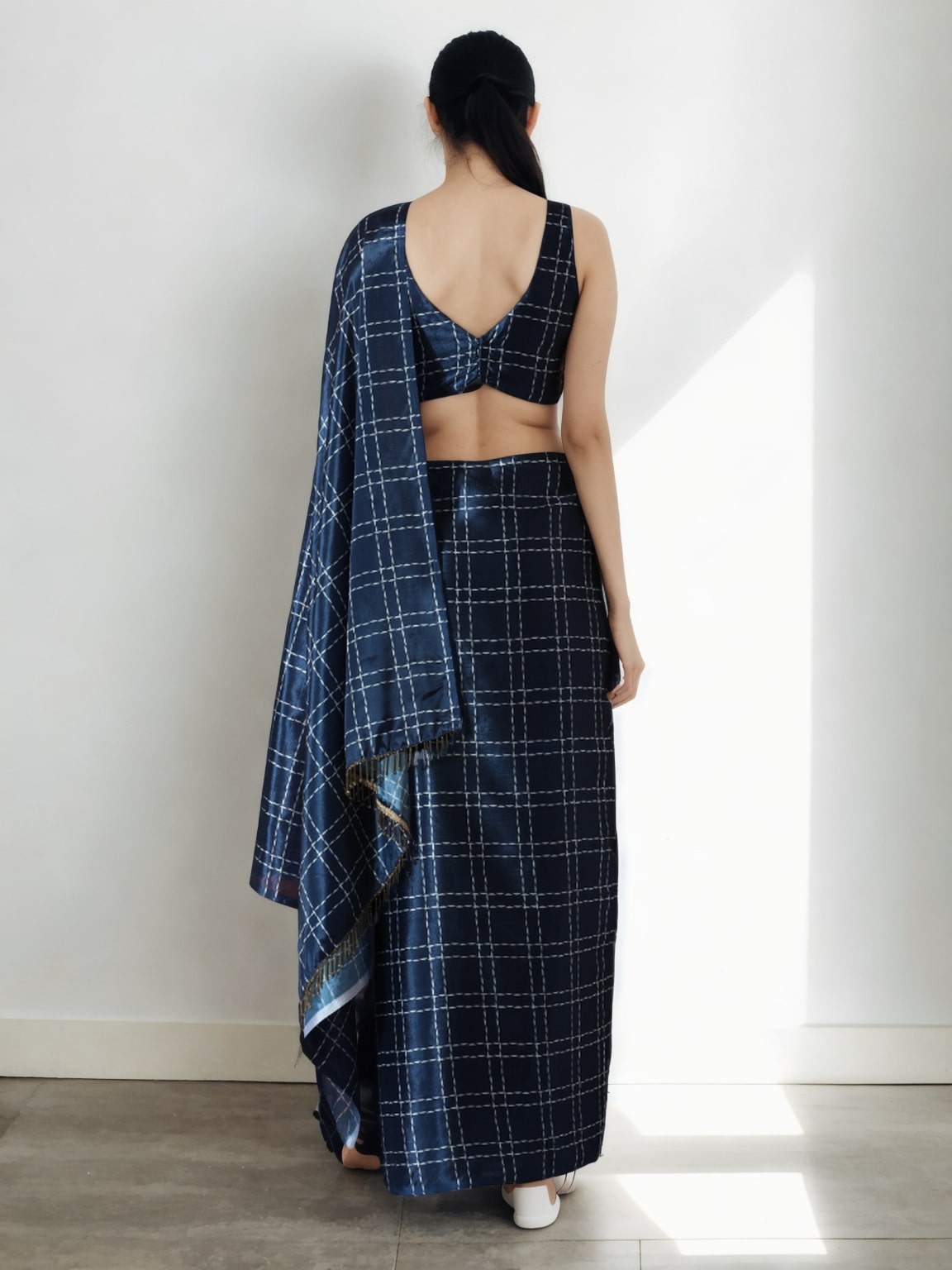 Jyoti Fashion Women's Navy Blue Chinon Digital Printed Ready To Wear Saree with Blouse