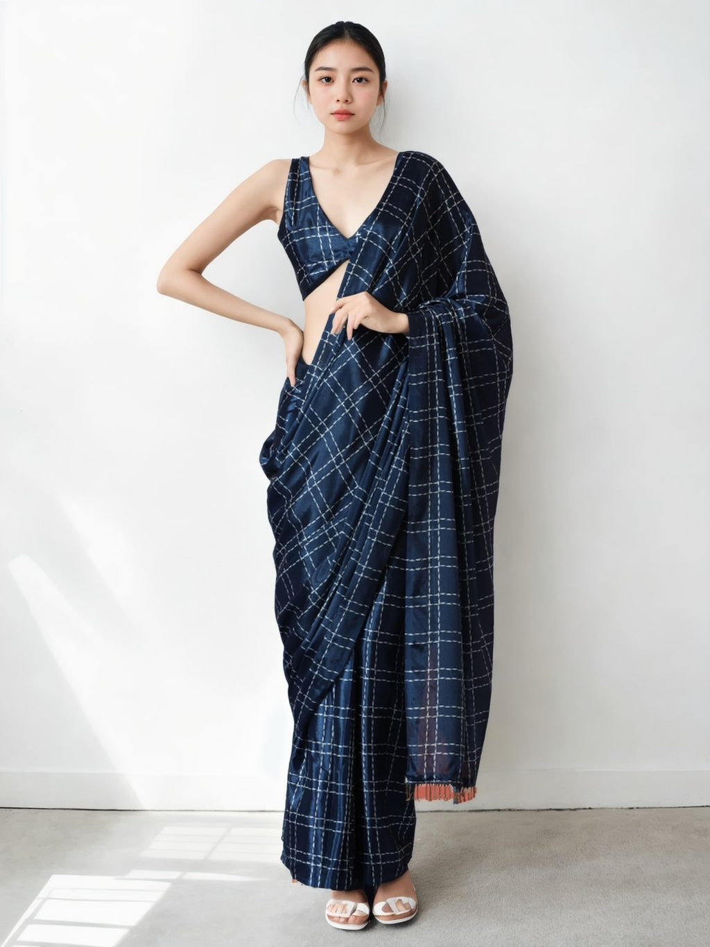Jyoti Fashion Women's Navy Blue Chinon Digital Printed Ready To Wear Saree with Blouse