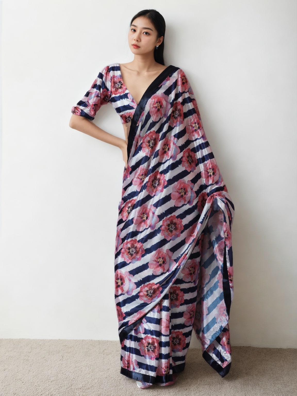 Jyoti Fashion Women's Multicolor Chinon Digital Printed Ready To Wear Saree with Blouse