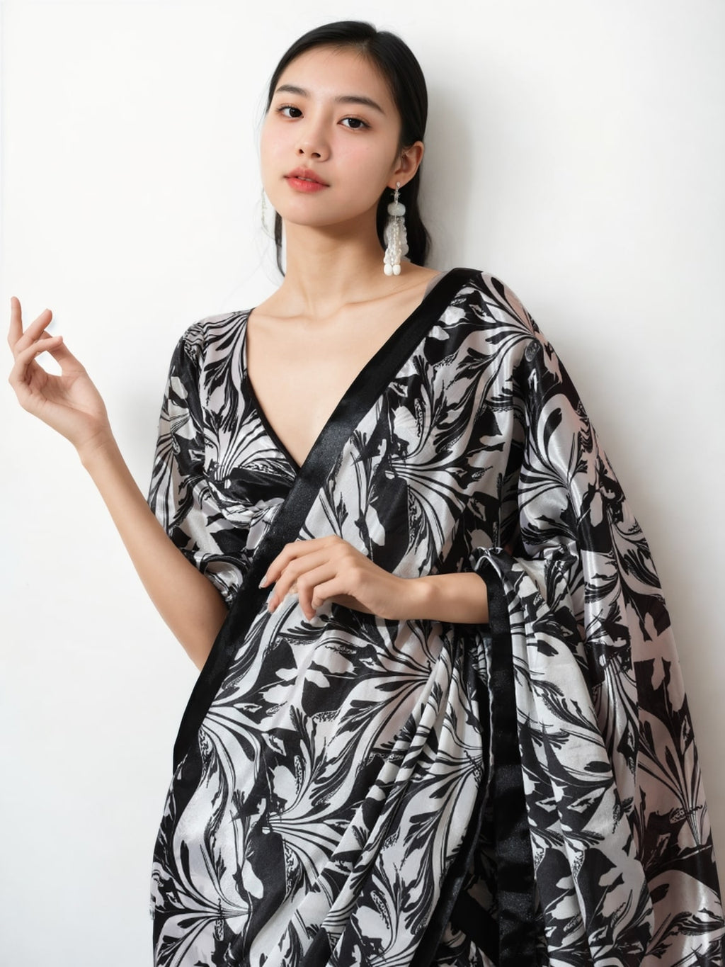 Jyoti Fashion Women's Black Chinon Digital Printed Ready To Wear Saree with Blouse