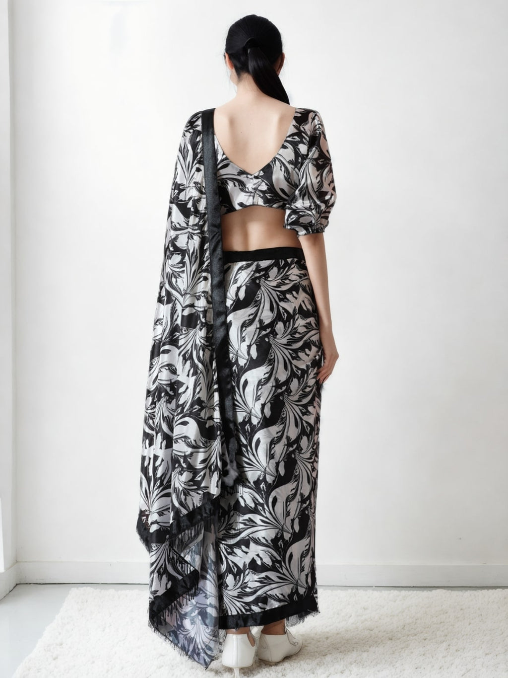 Jyoti Fashion Women's Black Chinon Digital Printed Ready To Wear Saree with Blouse