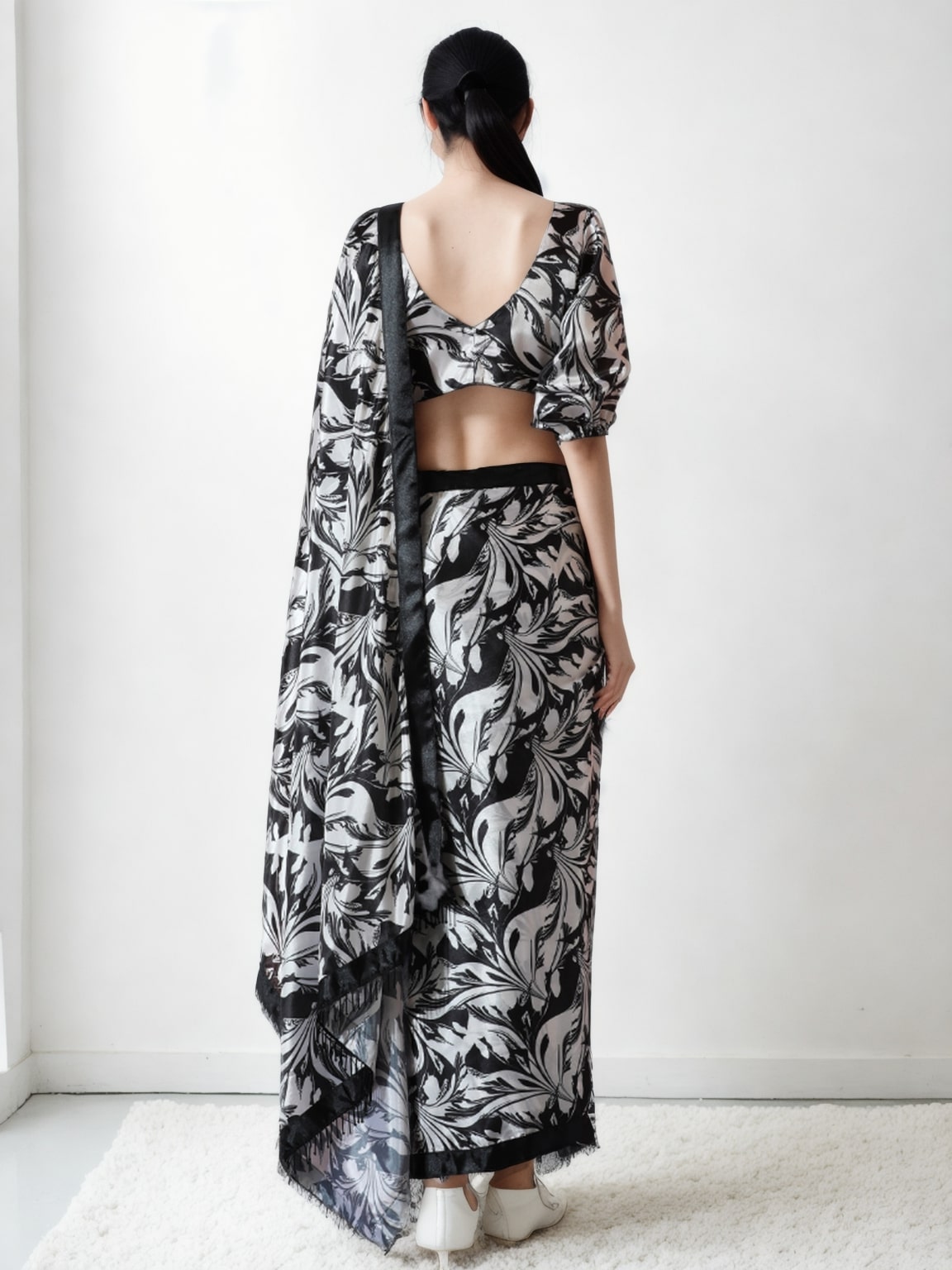Jyoti Fashion Women's Black Chinon Digital Printed Ready To Wear Saree with Blouse