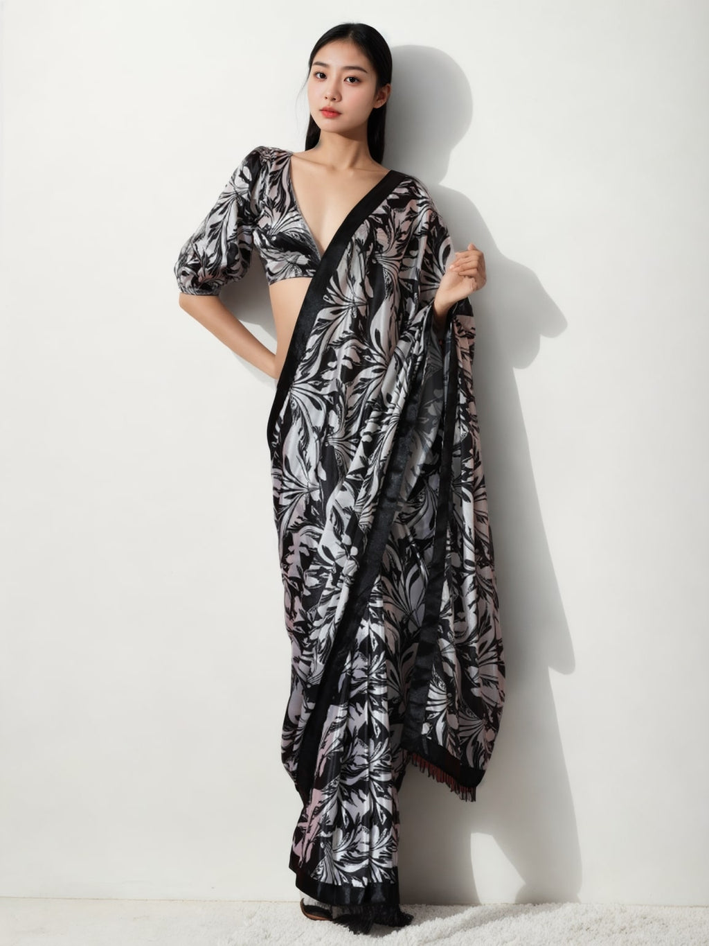 Jyoti Fashion Women's Black Chinon Digital Printed Ready To Wear Saree with Blouse