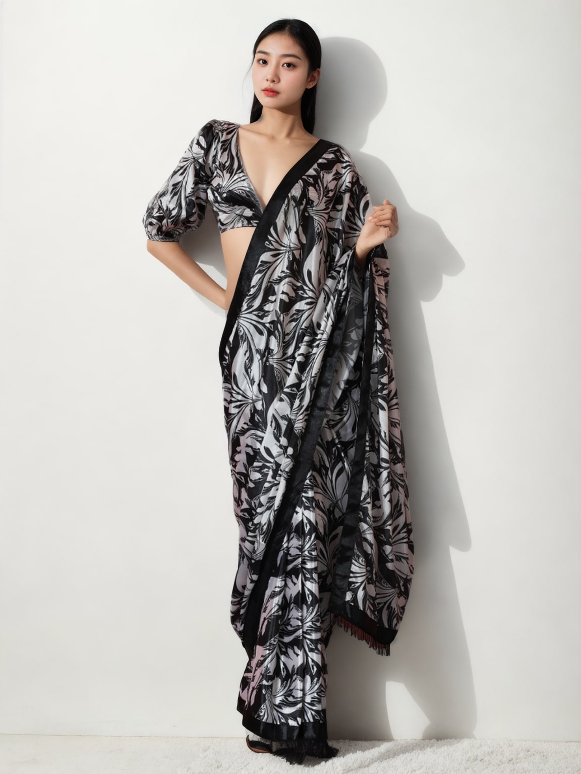 Jyoti Fashion Women's Black Chinon Digital Printed Ready To Wear Saree with Blouse