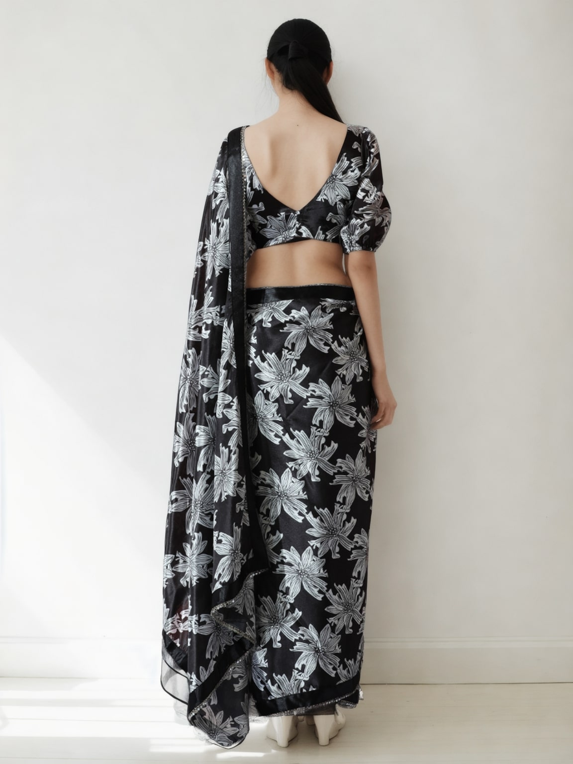 Jyoti Fashion Women's Black Chinon Digital Printed Ready To Wear Saree with Blouse