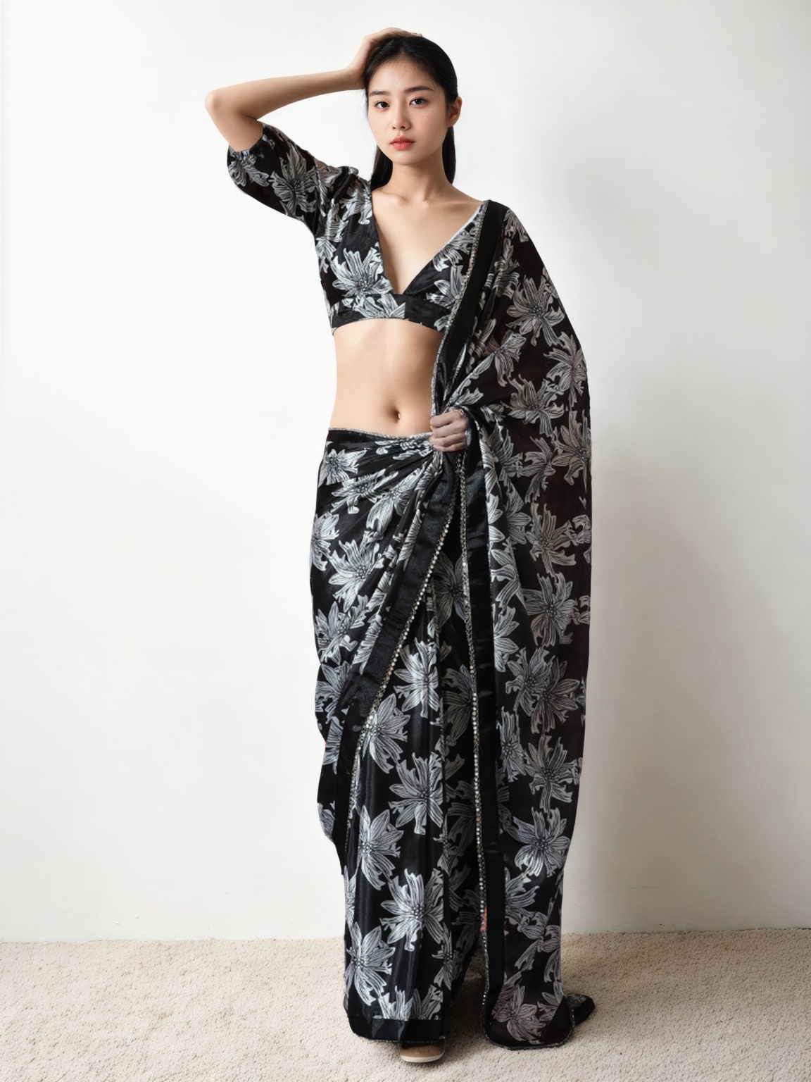 Jyoti Fashion Women's Black Chinon Digital Printed Ready To Wear Saree with Blouse