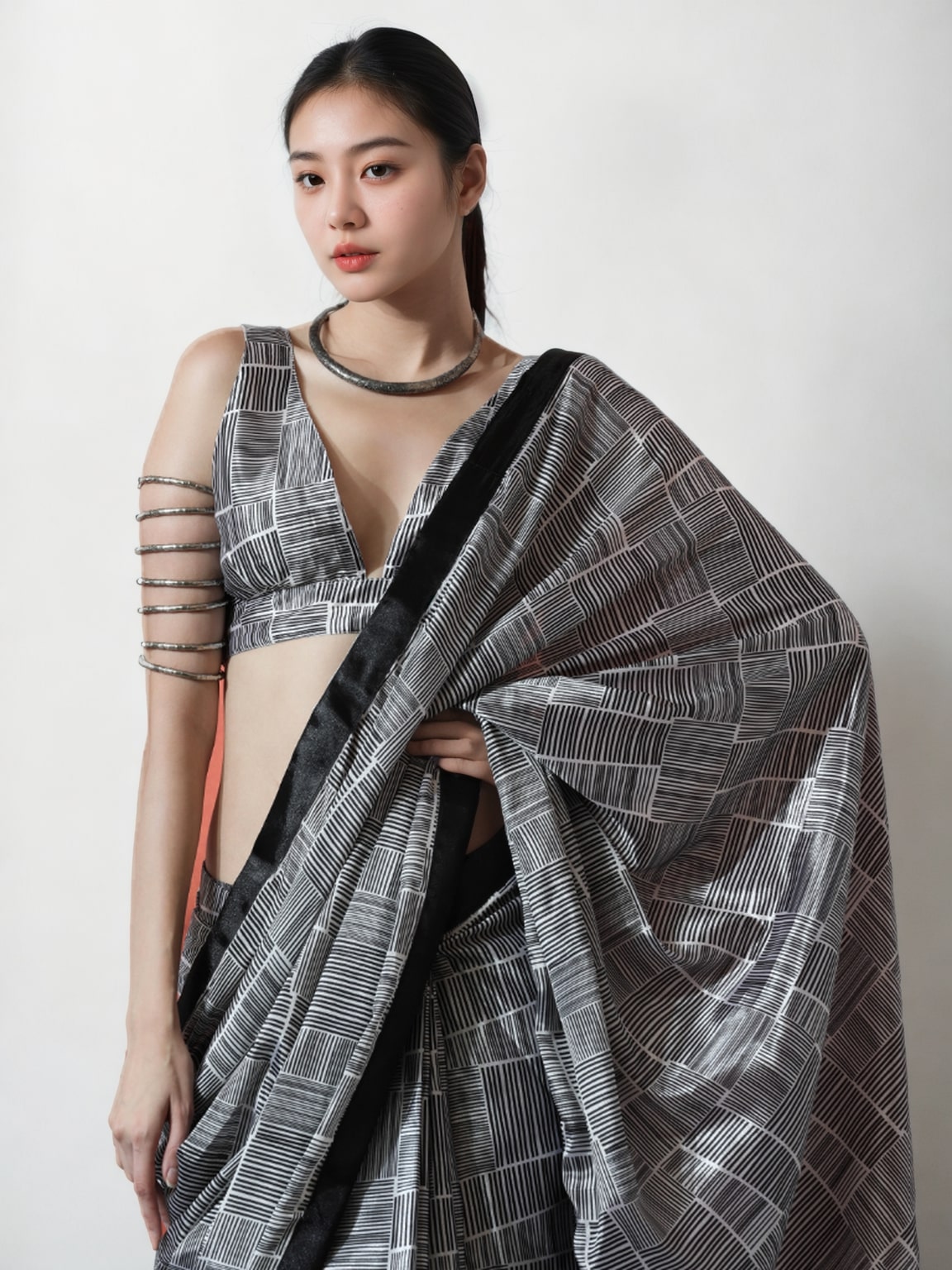 Jyoti Fashion Women's Grey Chinon Digital Printed Ready To Wear Saree with Blouse
