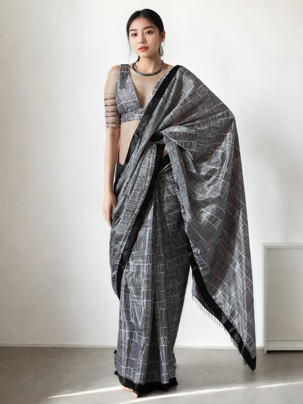 Jyoti Fashion Women's Grey Chinon Digital Printed Ready To Wear Saree with Blouse